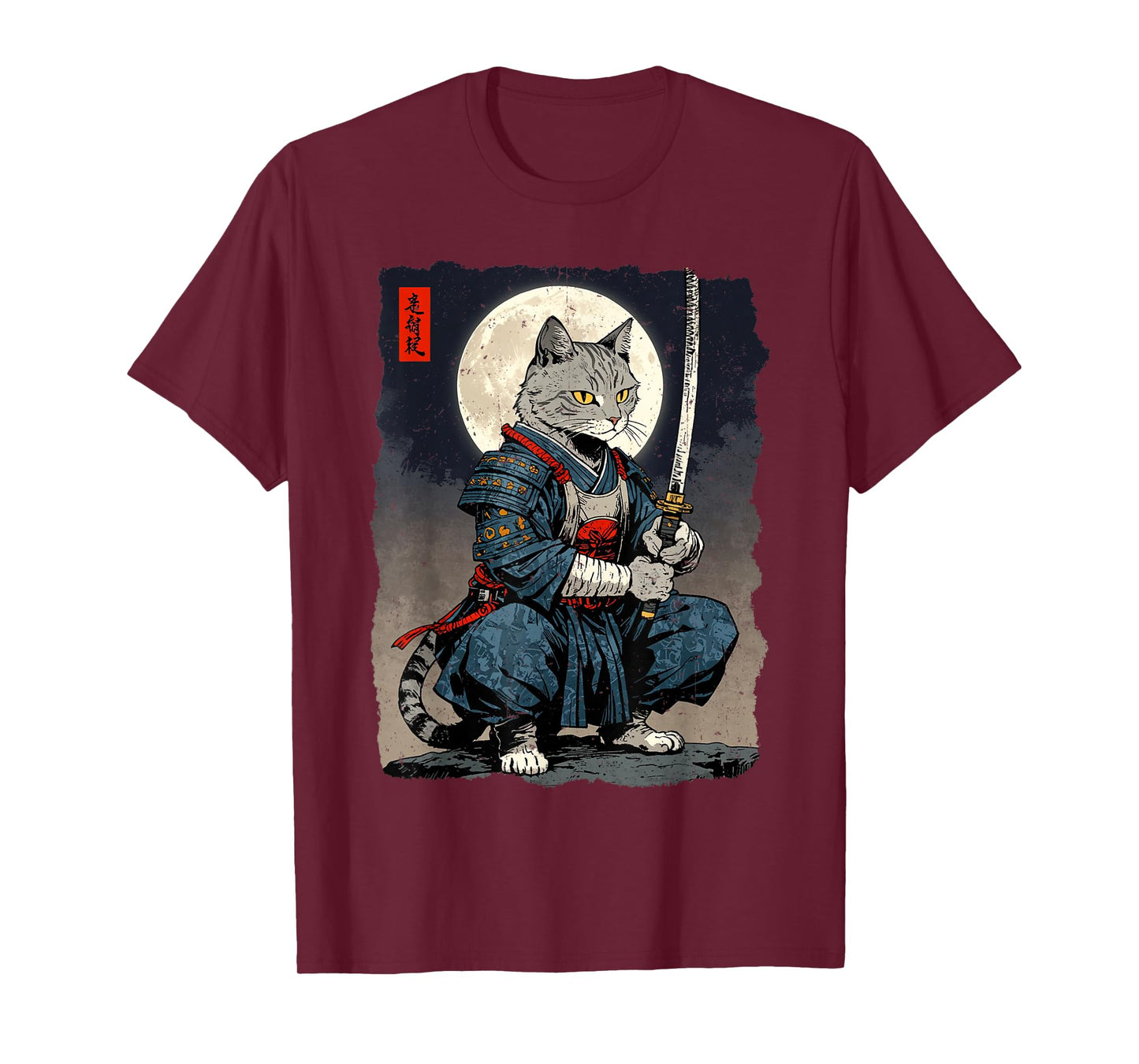 Samurai Cat Japanese Retro Fighter Cat Moon Ukiyo-e Warrior T-Shirt