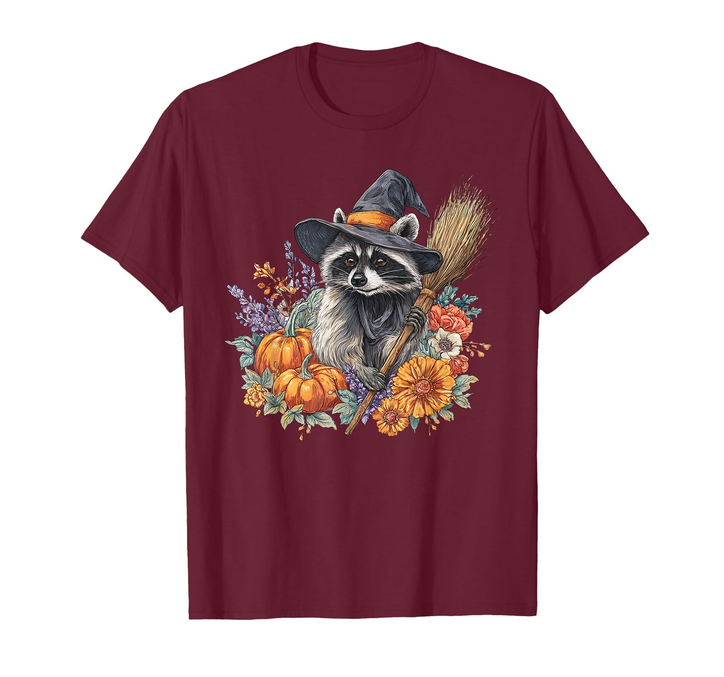 Witchy Raccoon Fall Pumpkin Floral Feral Witch Halloween T-Shirt