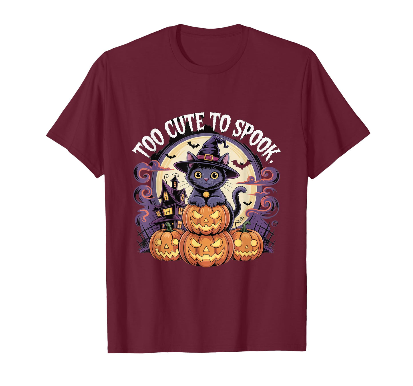 Too Cute to Spook Cat Pumpkins House Halloween T-Shirt