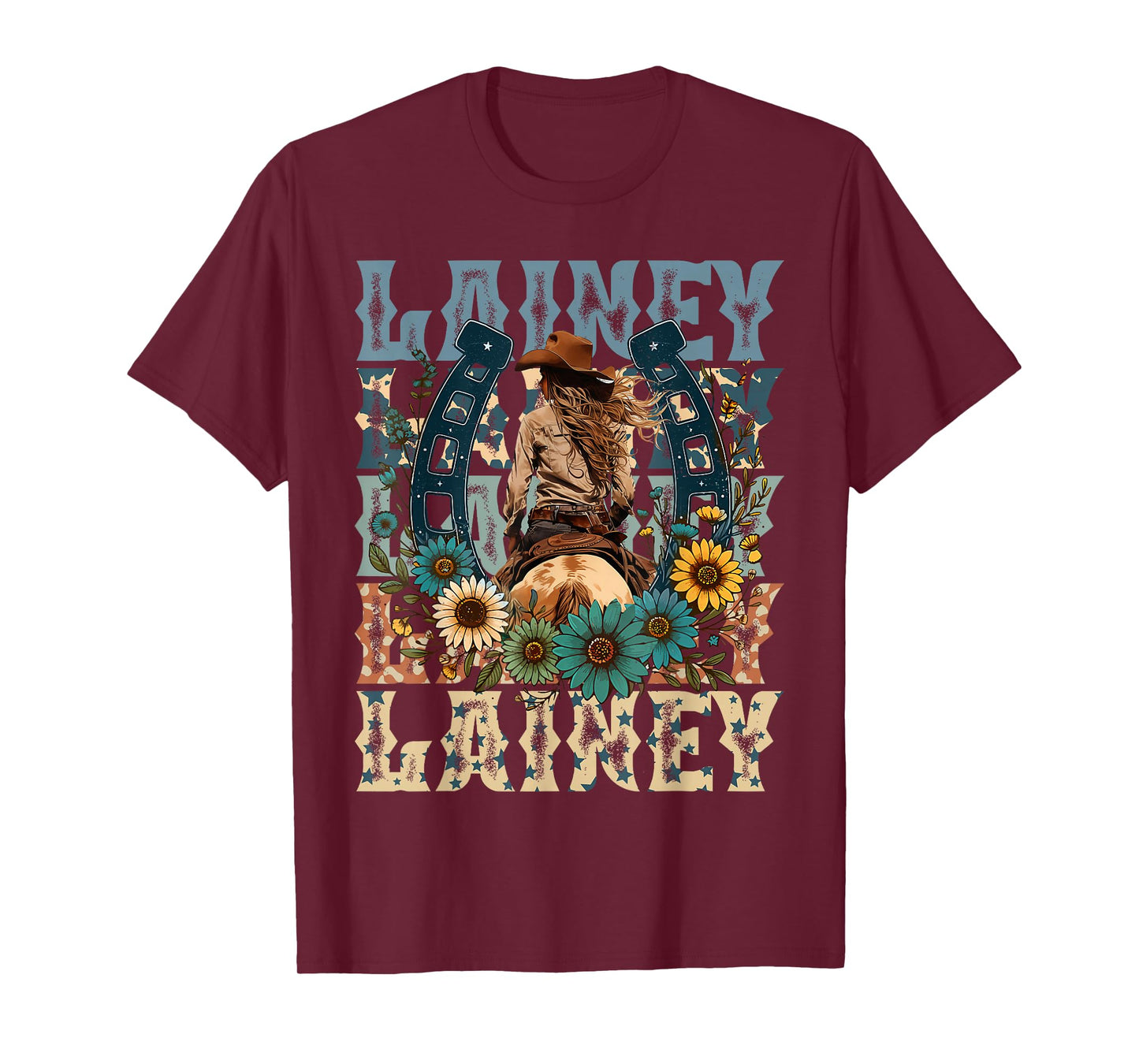 Cowgirl Lainey First Name Personalized Western T-Shirt - Unisex-Adults, Kids - Black - Small - Short Sleeve - T-Shirt - Animal Print Fabric Blend