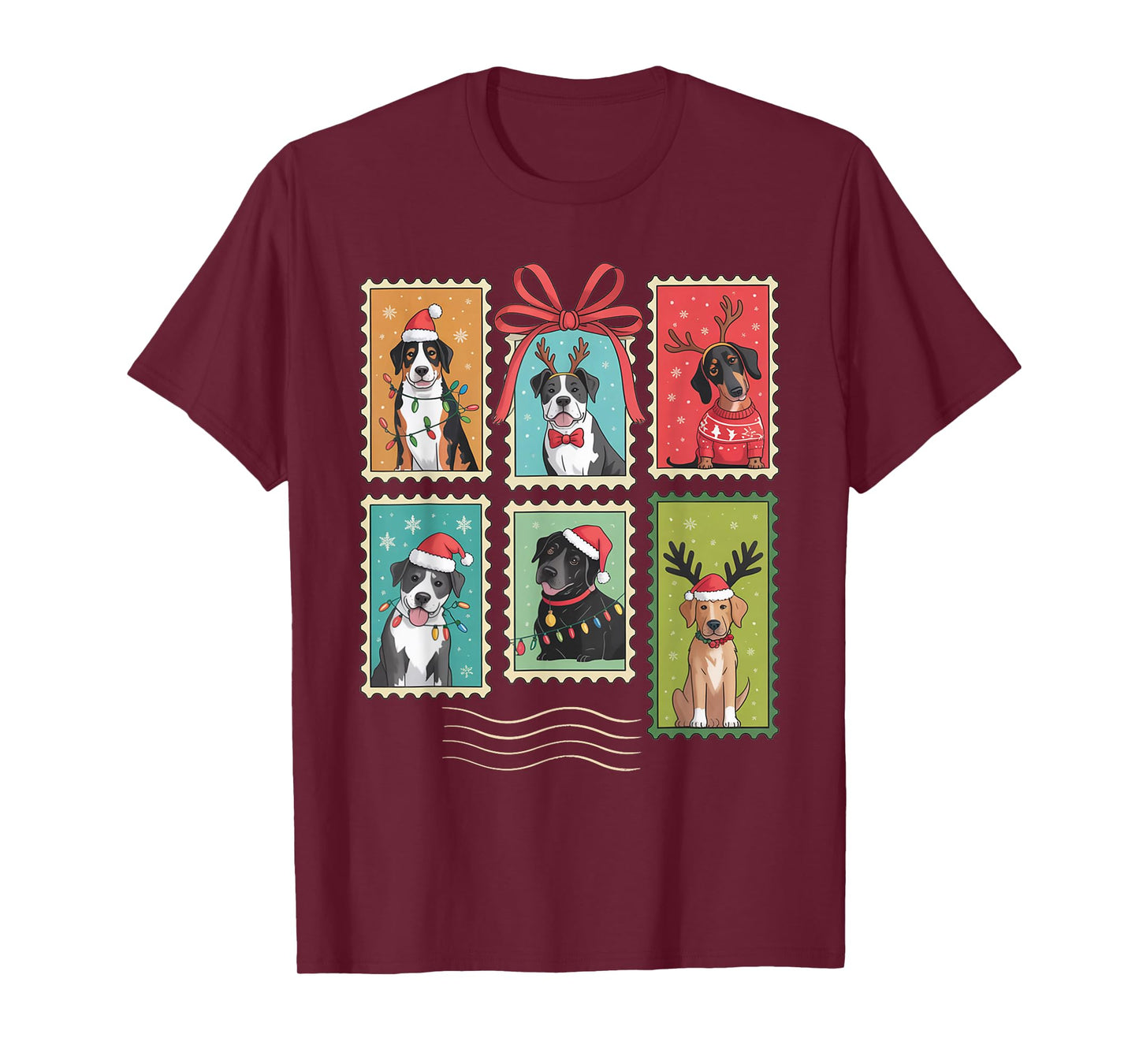 Cute Christmas Dogs Stamp Holiday Santa Hat & Reindeer Dog T-Shirt