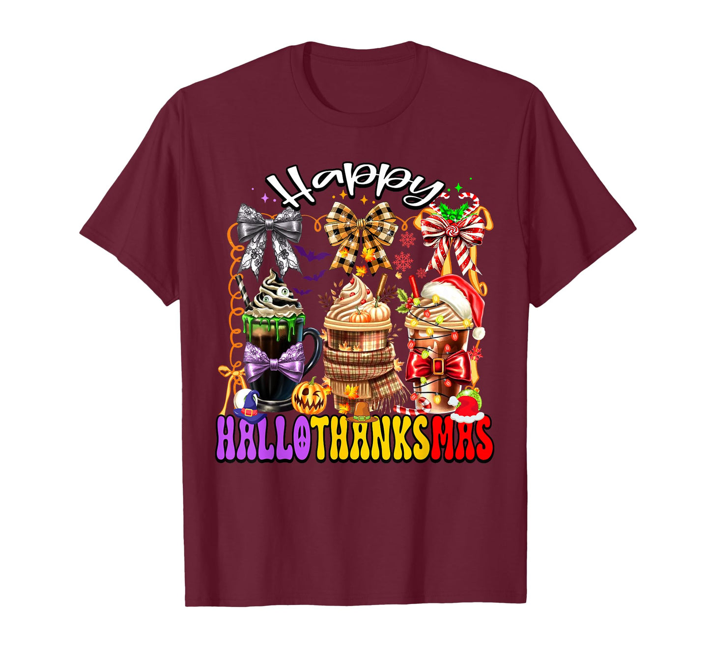 Hallothanksmas Coffee Latte Halloween Thanksgiving Christmas T-Shirt