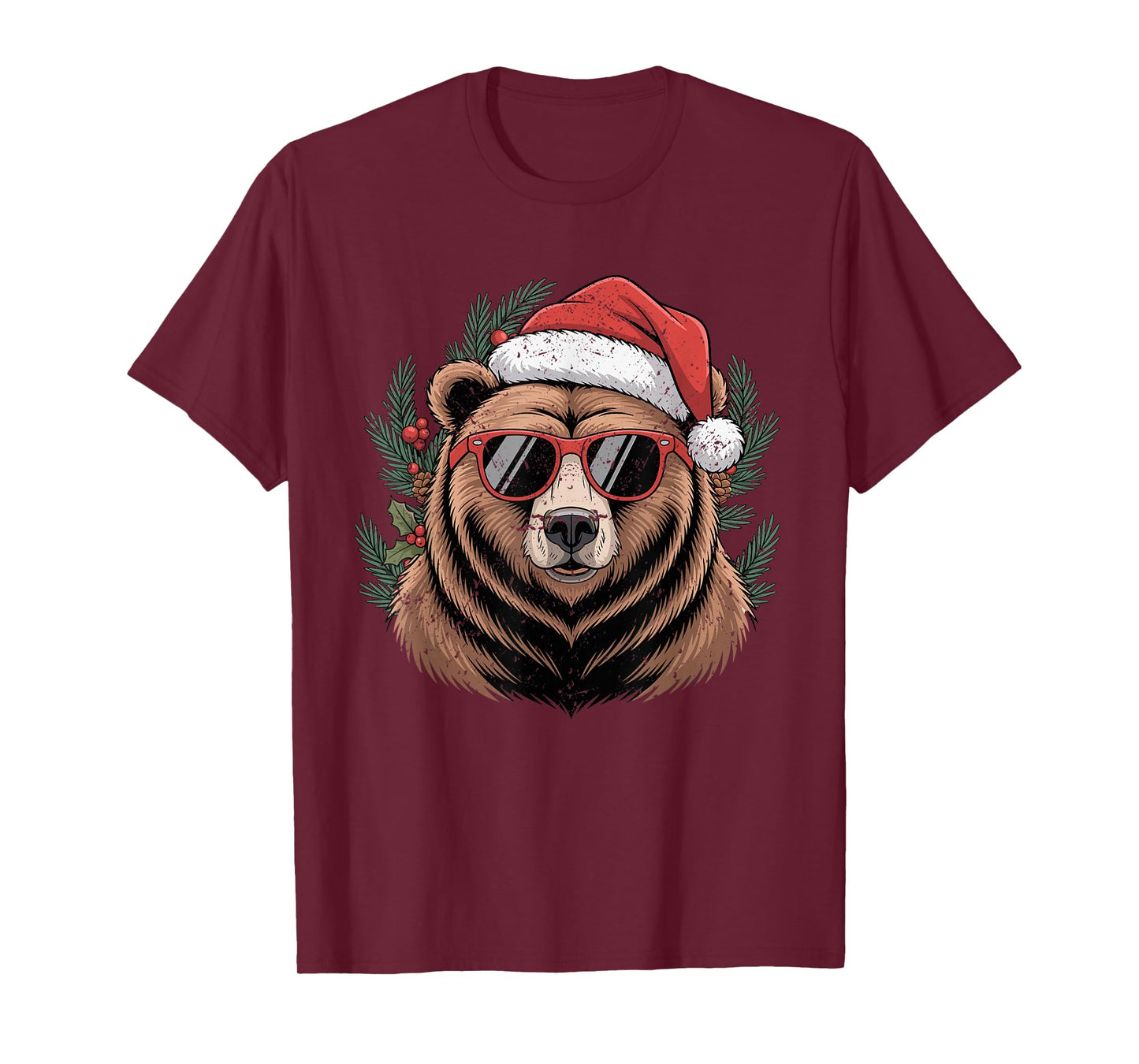 Santa Bear with Sunglasses Surrounded by Pine Branches T-Shirt