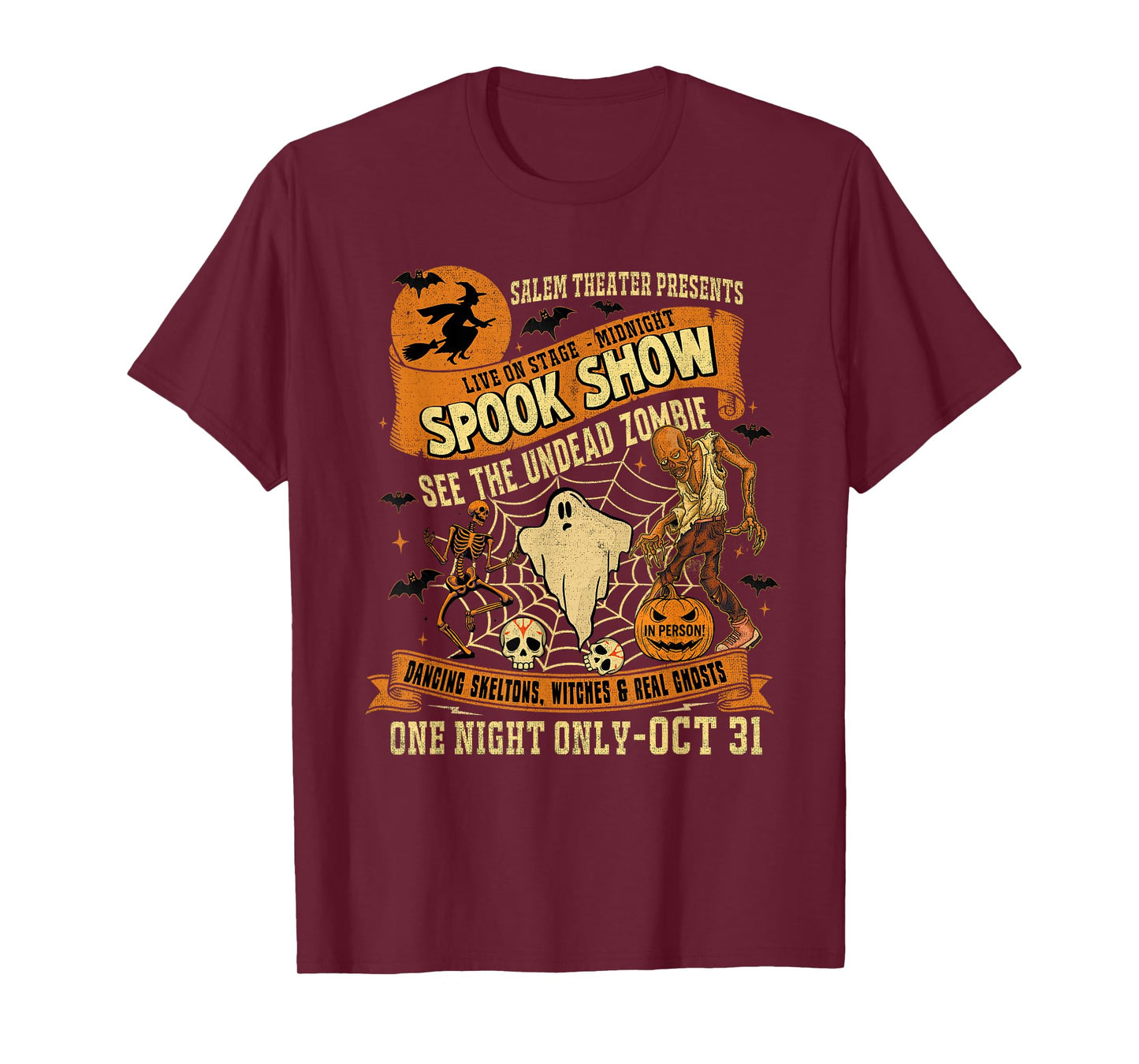 Vintage Halloween Tee Witch-Dancing Skeletons Monster T-Shirt