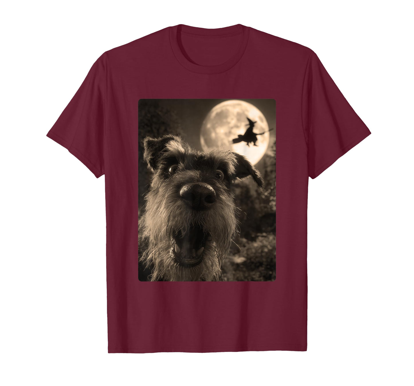 Funny Schnauzer Selfie Full Moon Flying Witch Halloween Dog T-Shirt
