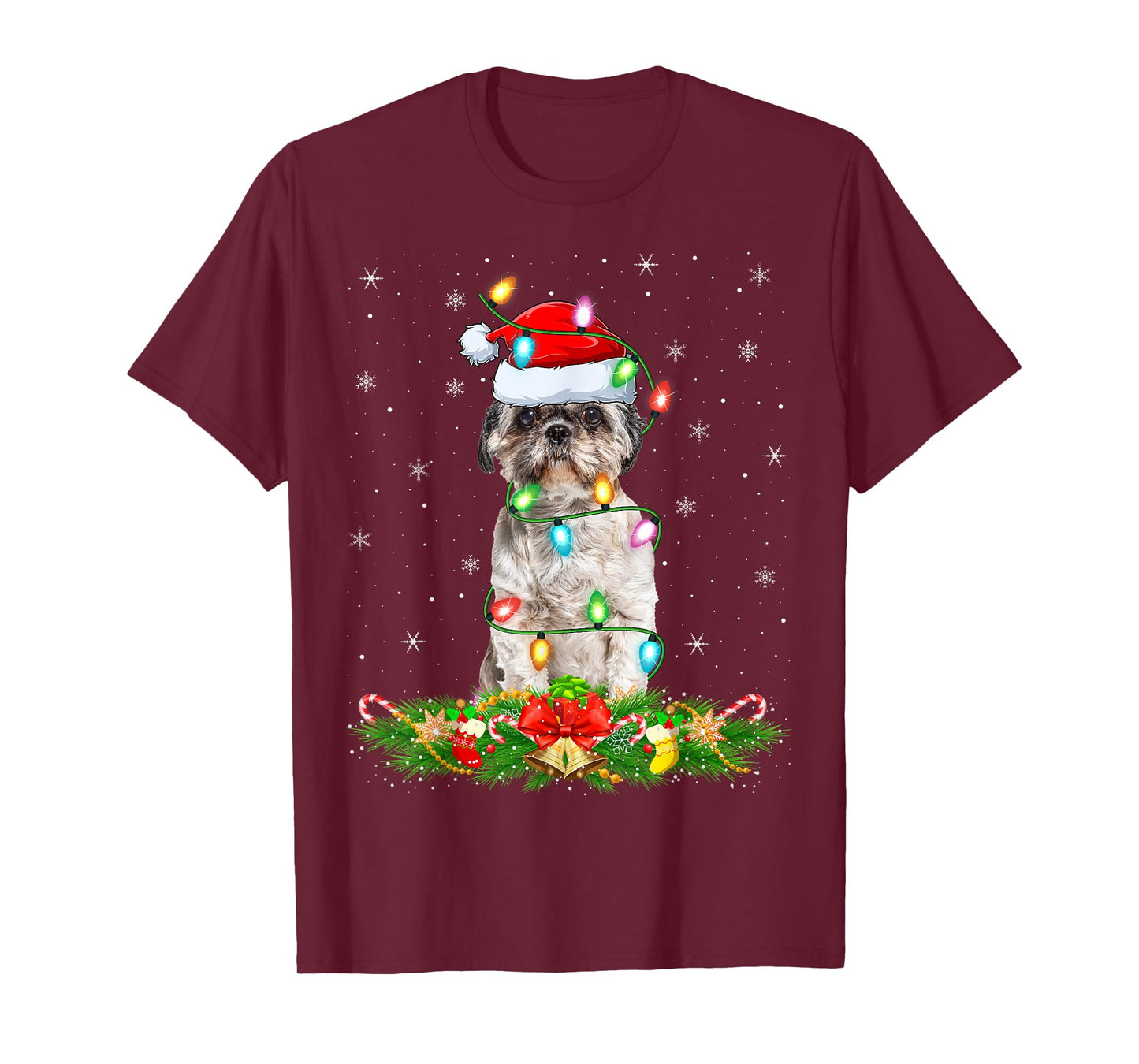 Shih Tzu Dog Christmas Lights Funny Santa Hat Xmas T-Shirt