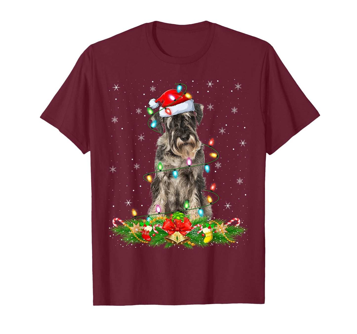 Schnauzer Dog Christmas Lights Funny Santa Hat Xmas T-Shirt