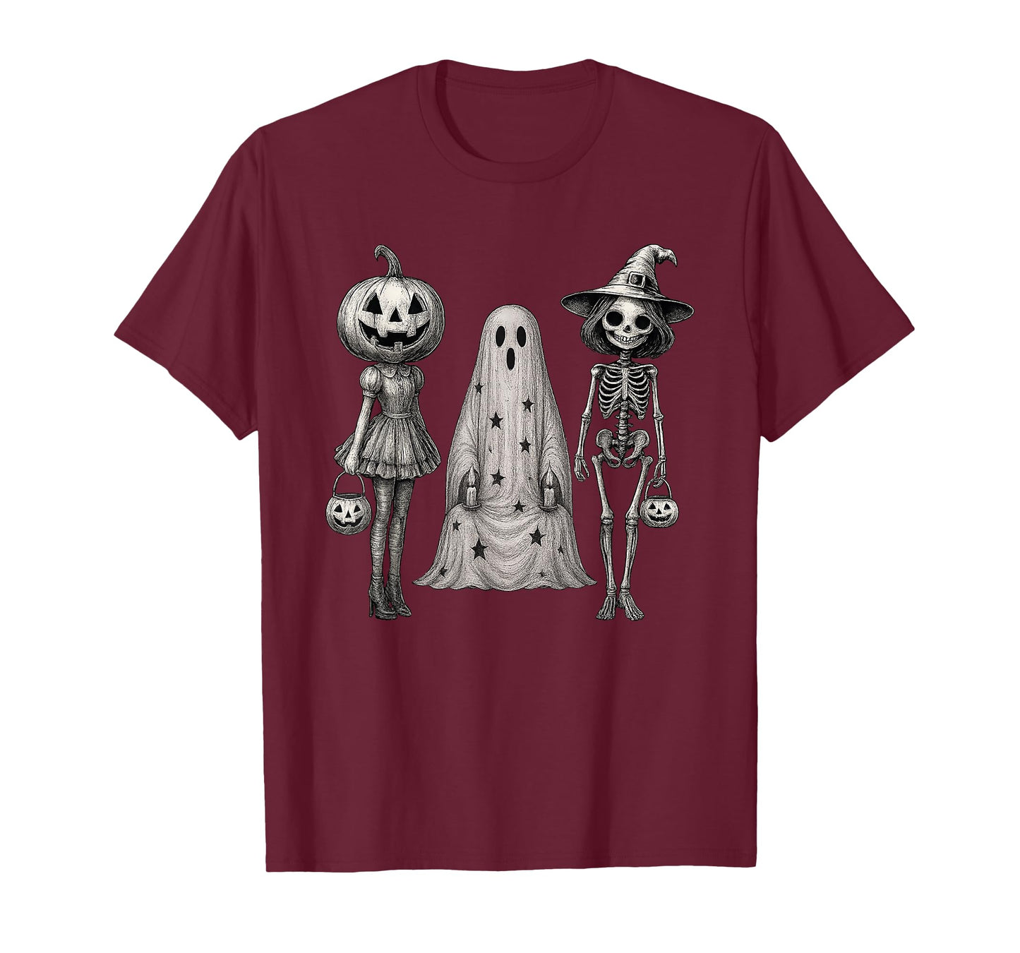 Vintage Spooky Squad, Halloween Skeleton Ghost Pumpkin Tee T-Shirt