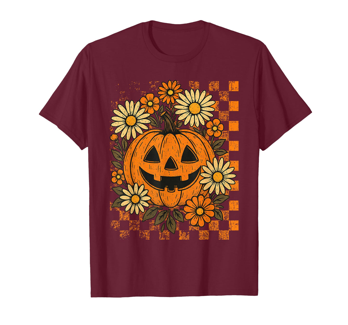 Vintage Floral Checkered Boho Pumpkin Cute Halloween Fall T-Shirt
