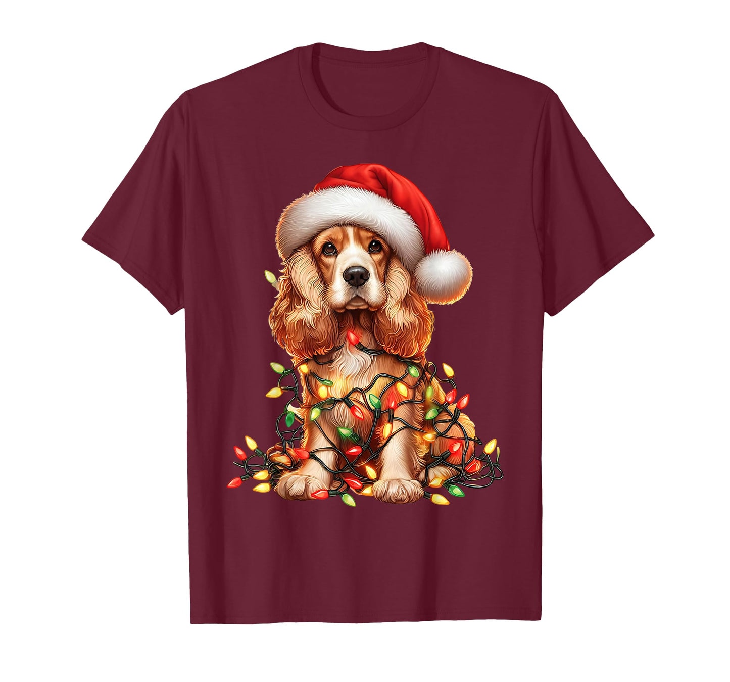 Cocker Spaniel Dog Christmas Lights Santa Hat Dog Lover T-Shirt