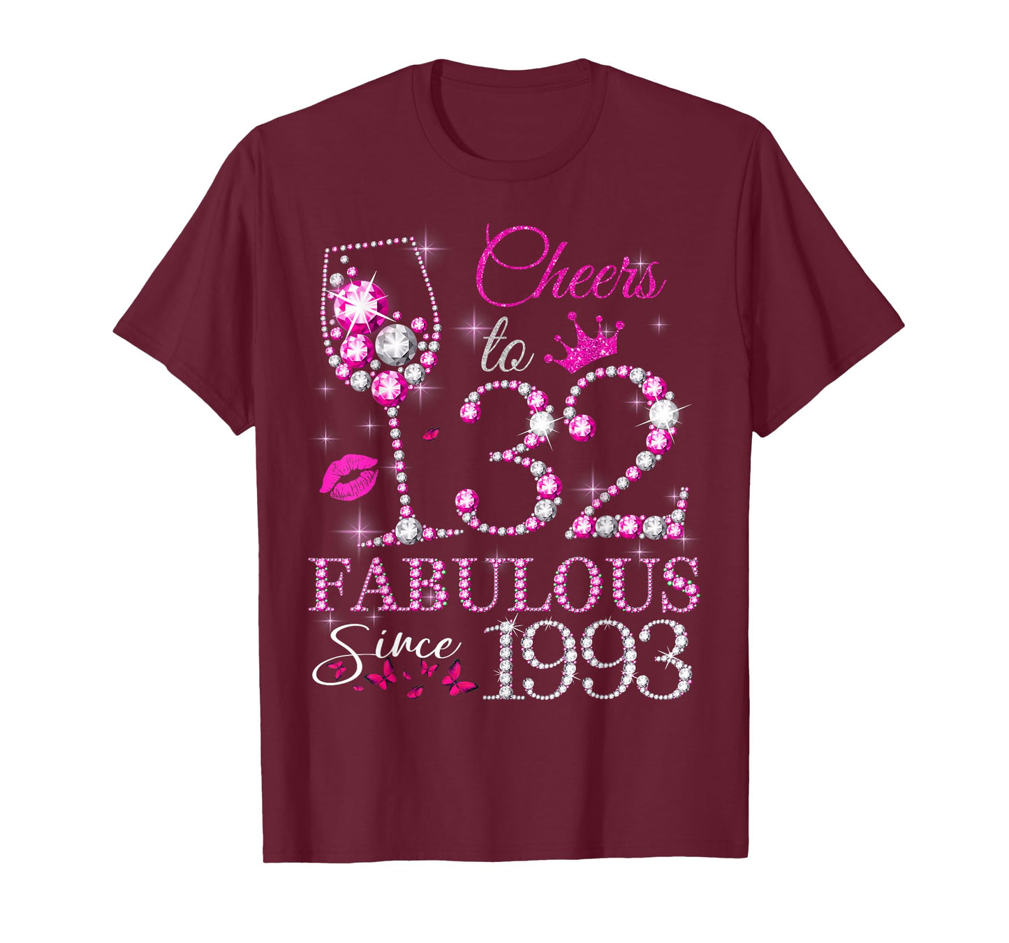 Womens Cheers to 32 Years Old EST 1993 32nd Birthday Queen T-Shirt