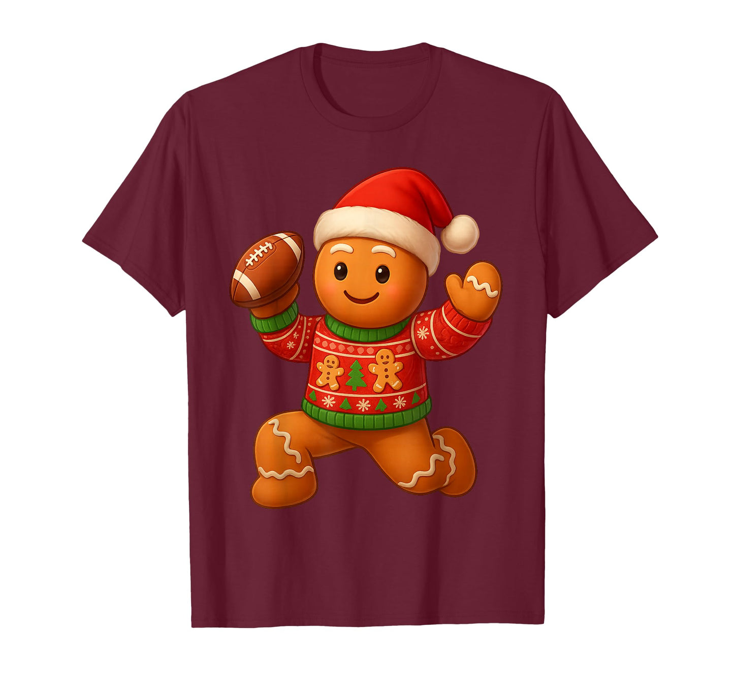 Gingerbread Man Playing Boys American Football Christmas T-Shirt