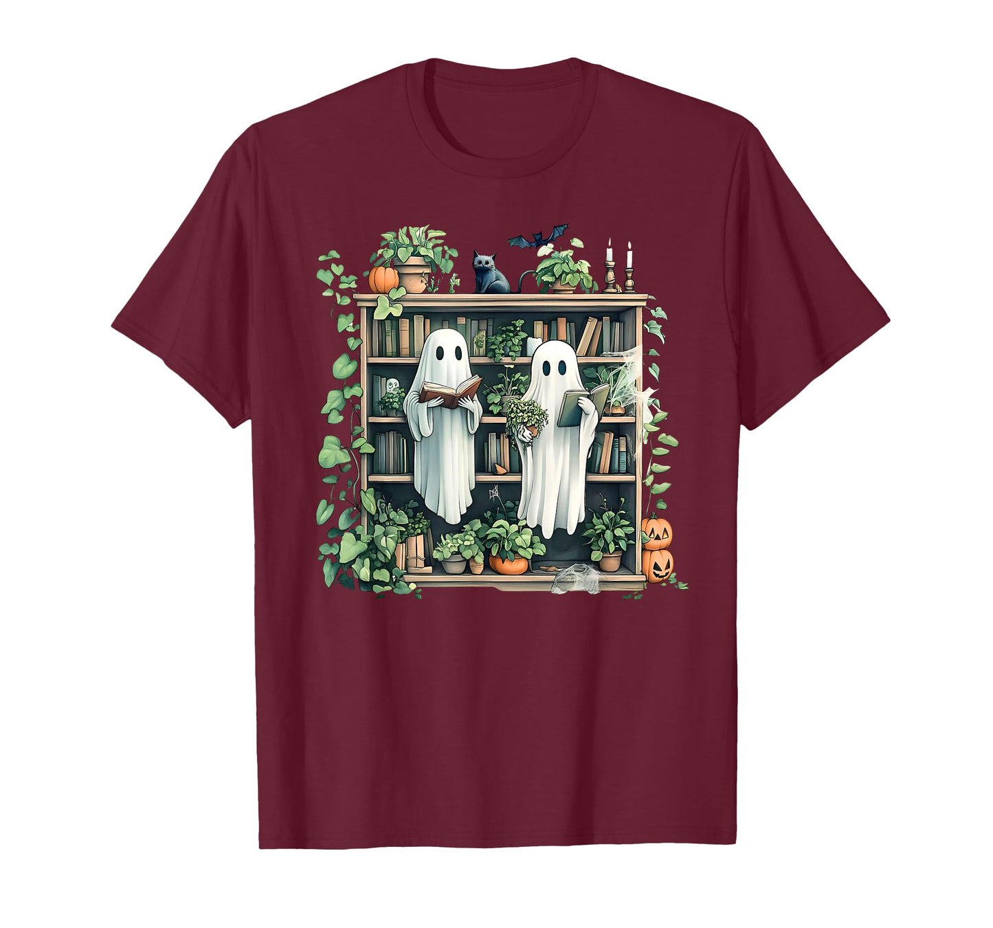 Ghost Plant Library Halloween Reading Books Teacher Vintage T-Shirt