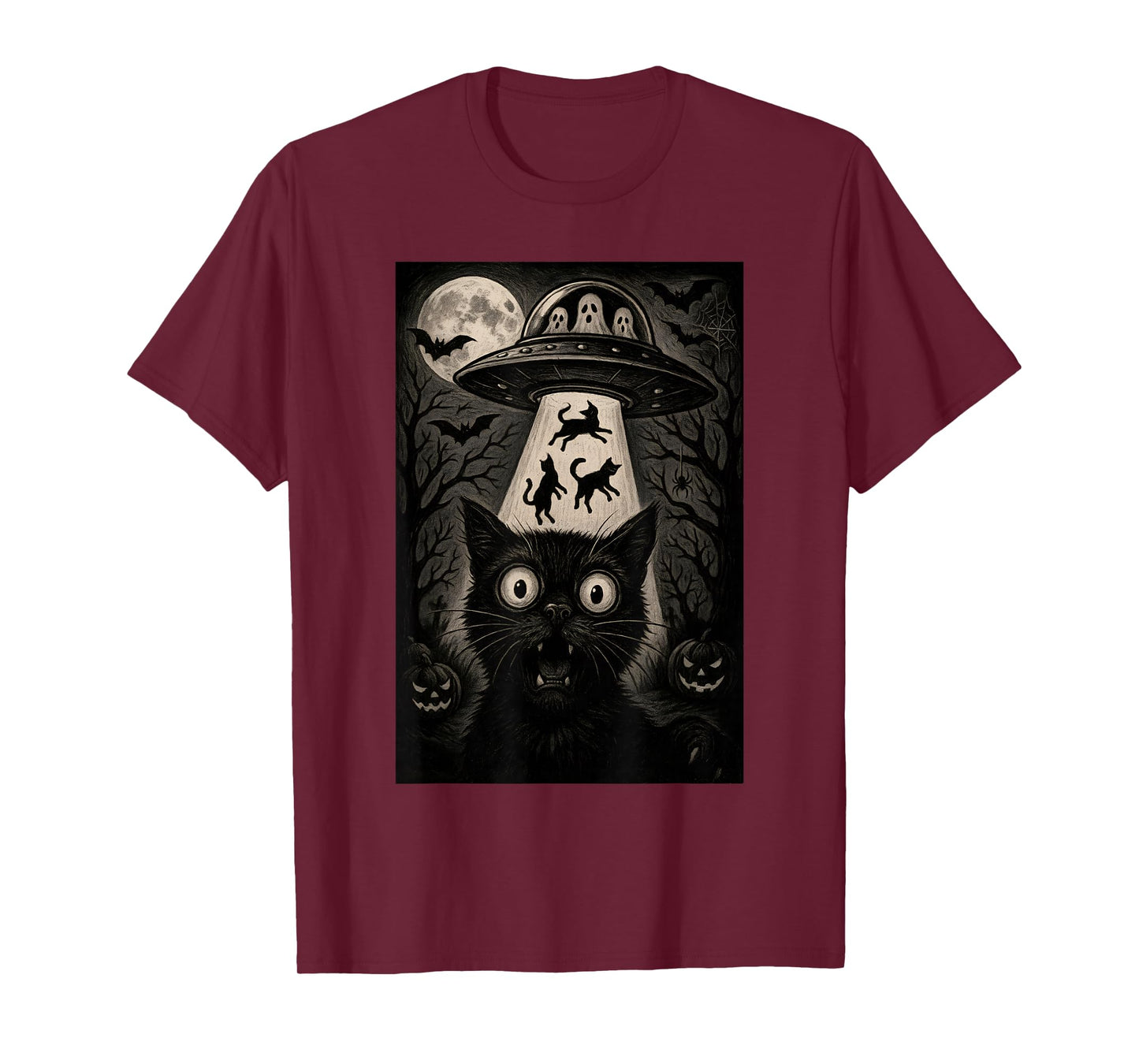 Halloween Cat Selfie Scary Alien Abduction Cats UFO Flying T-Shirt