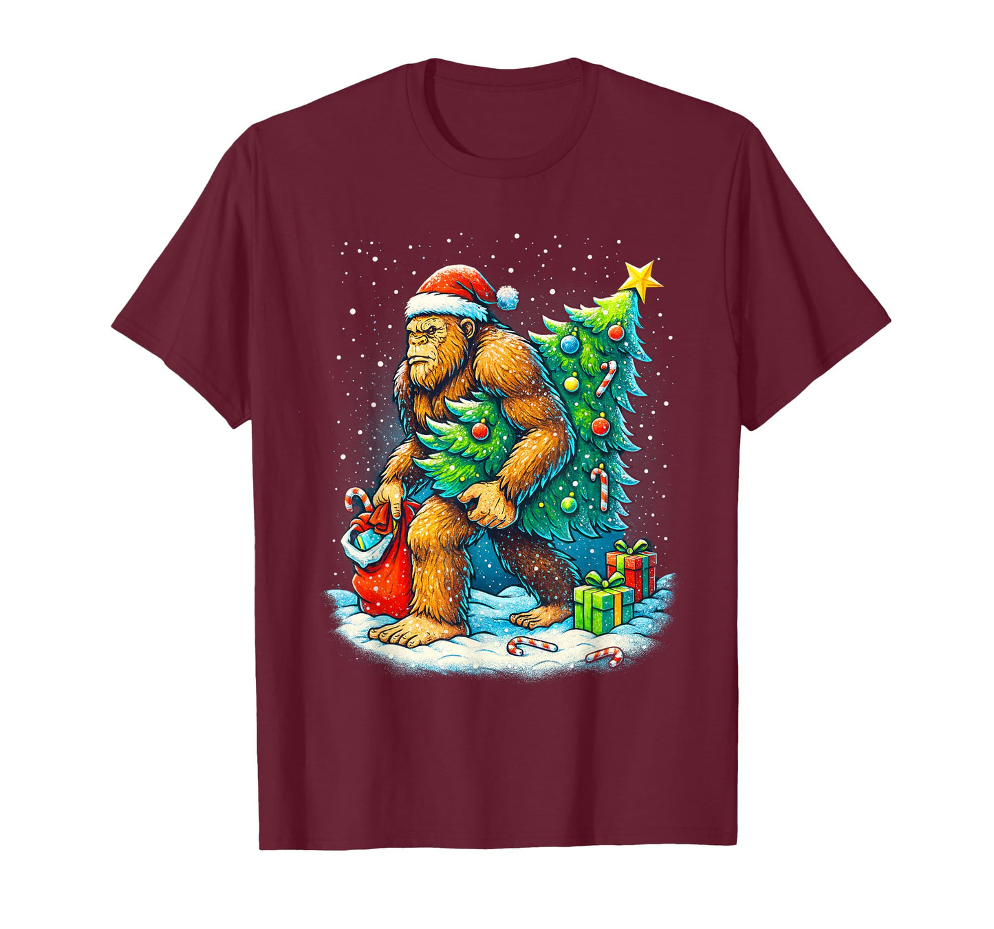 Santa Bigfoot Christmas Tree Sasquatch Xmas Lights and Snow T-Shirt