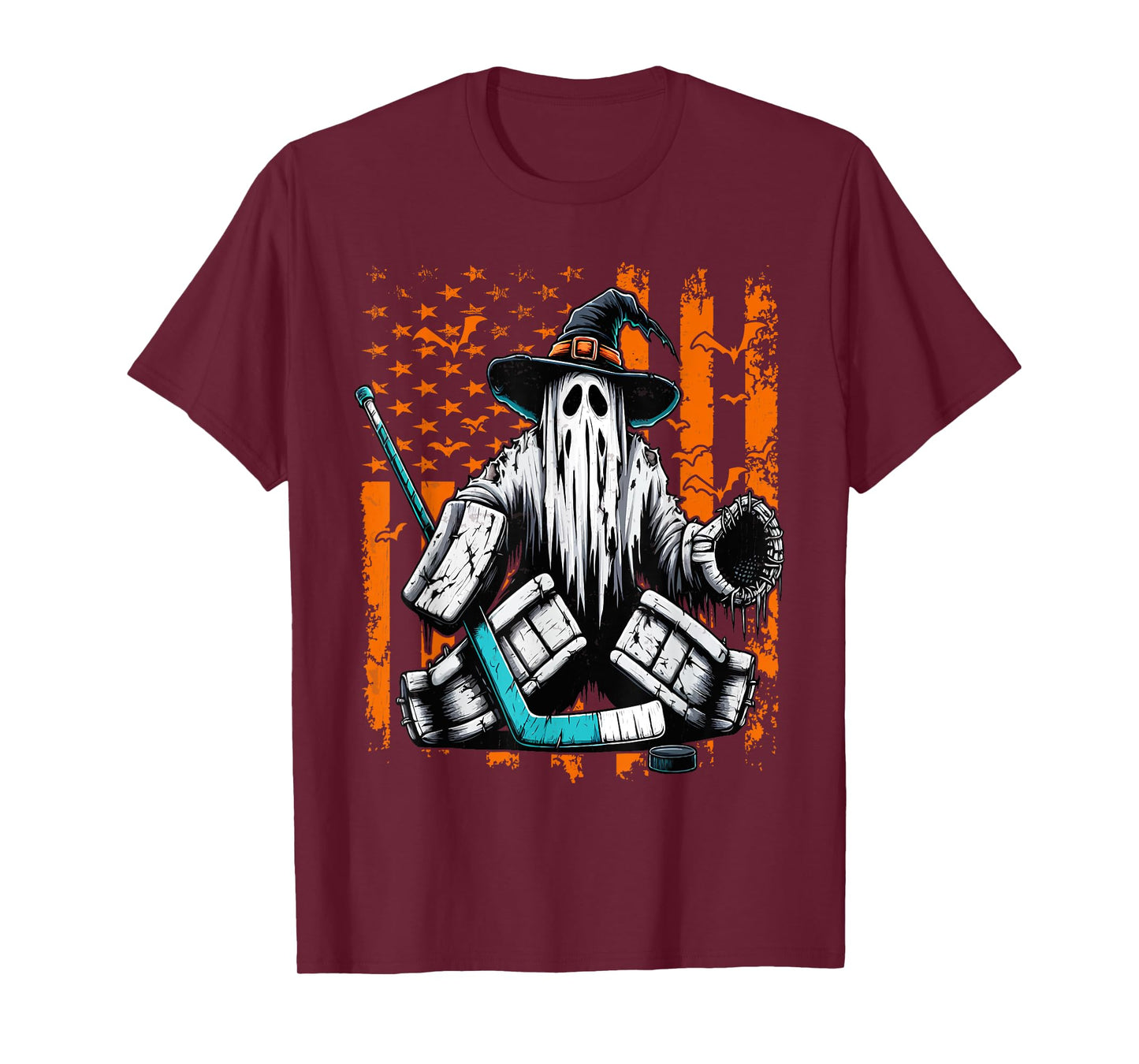 Hockey Goalie Ghost Halloween American Flag Ice Hockey T-Shirt