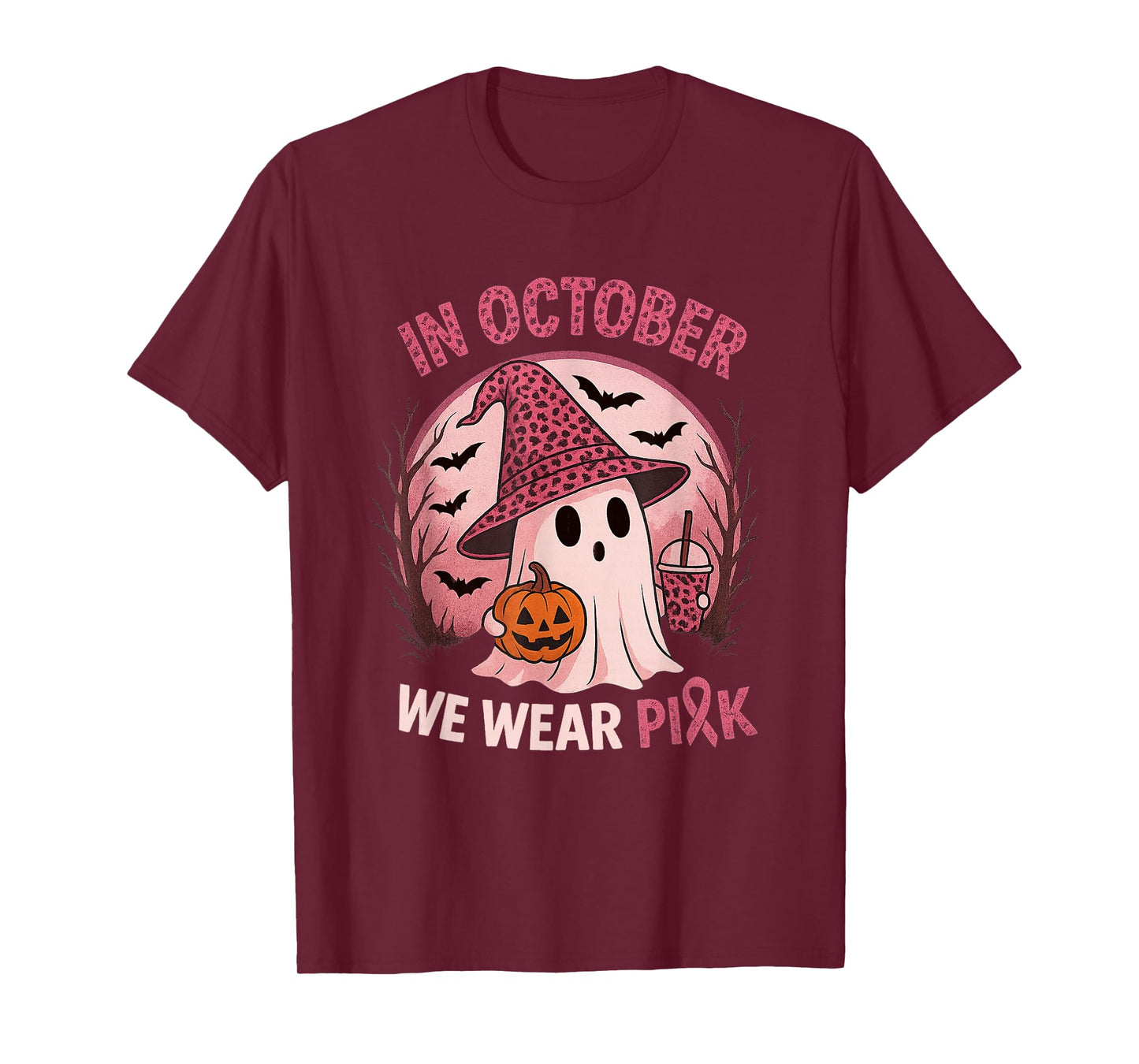Breast Cancer Leopard Skin in October We Wear Pink Ghost T-Shirt