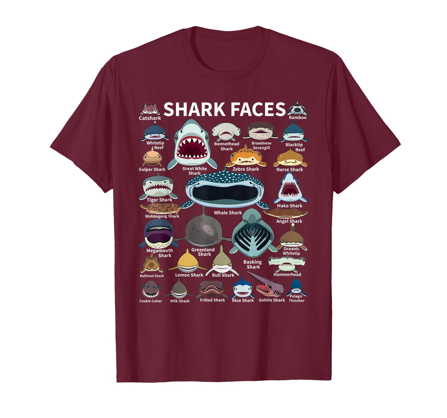 Shark Faces - Type of Shark - Shark Faces of All Kinds T-Shirt