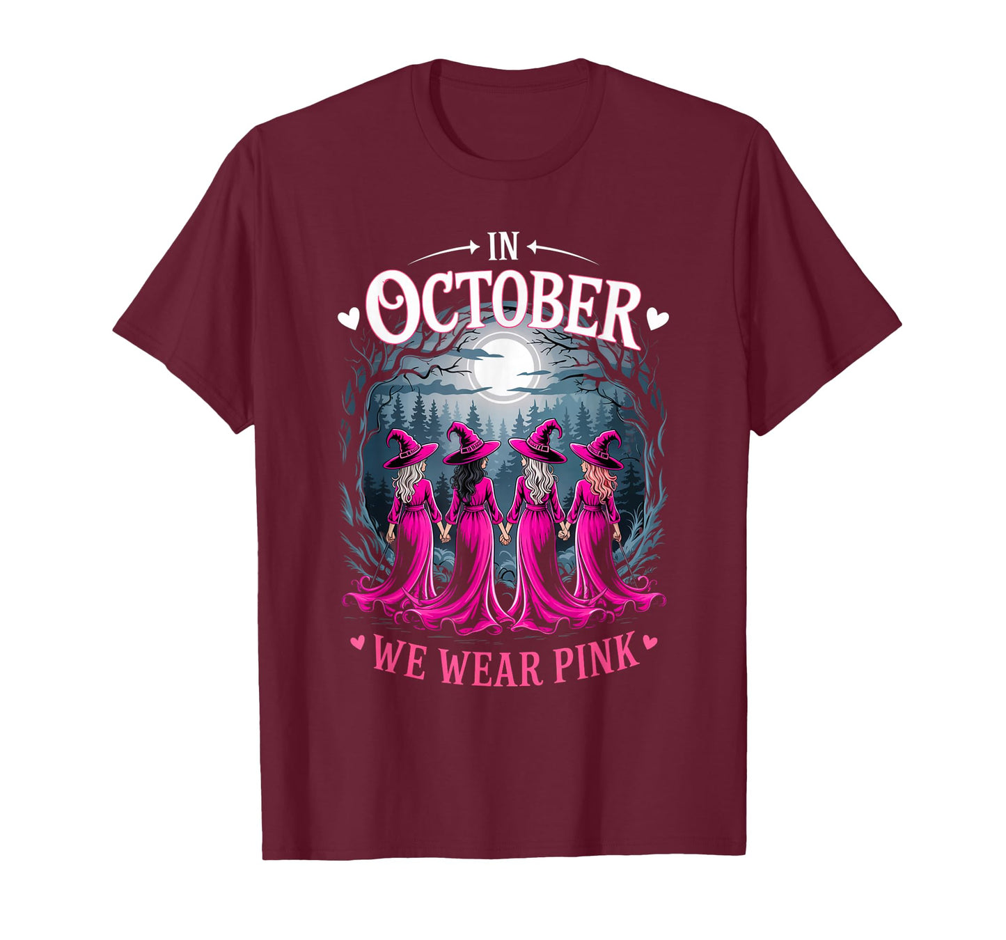 in October We Wear Pink Retro Witch Breast Cancer Awareness T-Shirt