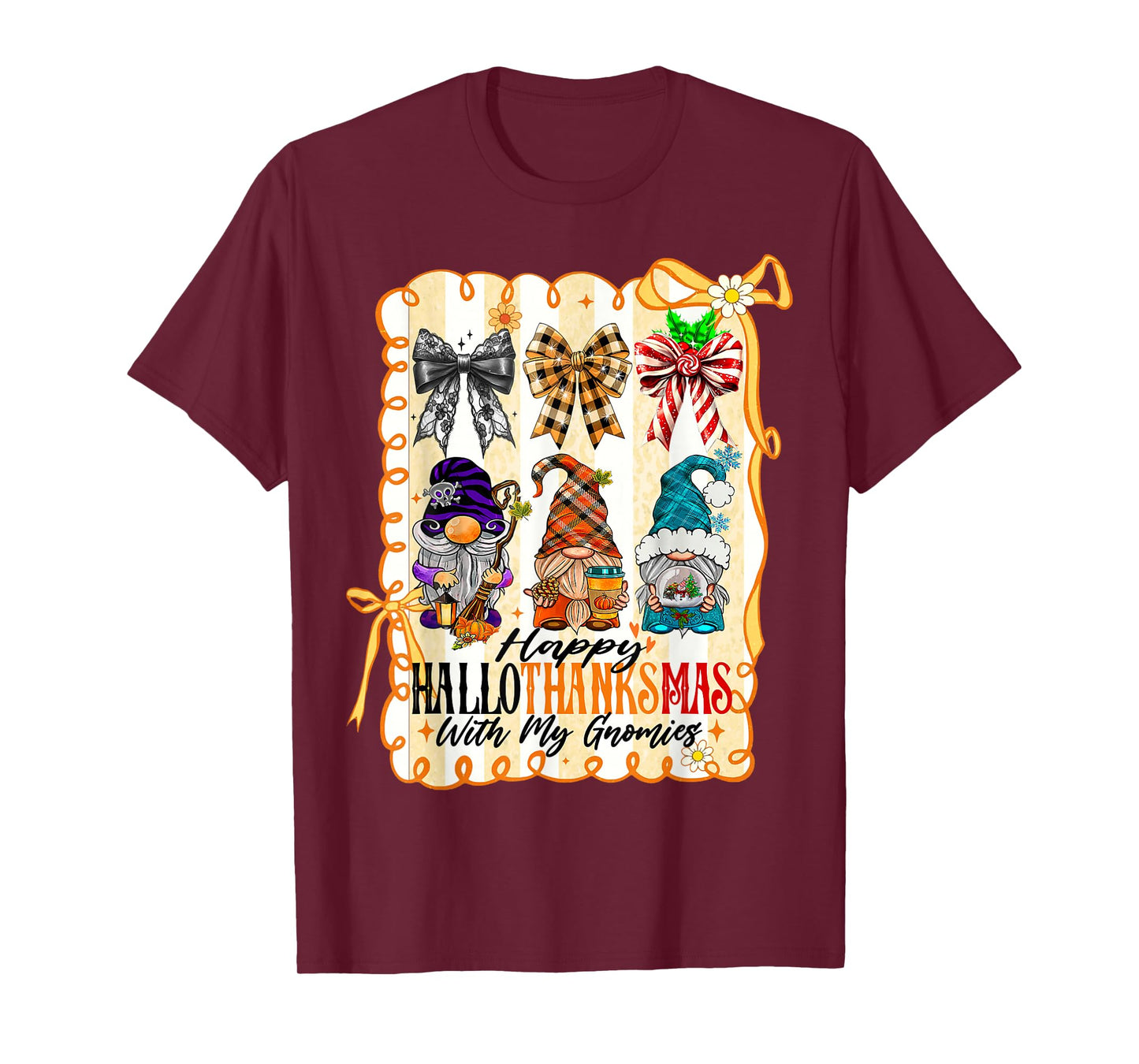 Happy Hallothanksmas with My Gnomies Coquette Bow Gnomes T-Shirt