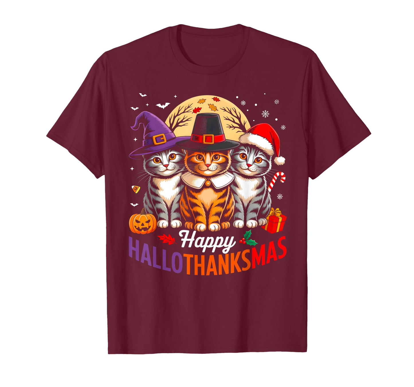 Halloween Thanksgiving Christmas Happy HalloThanksMas Cat T-Shirt