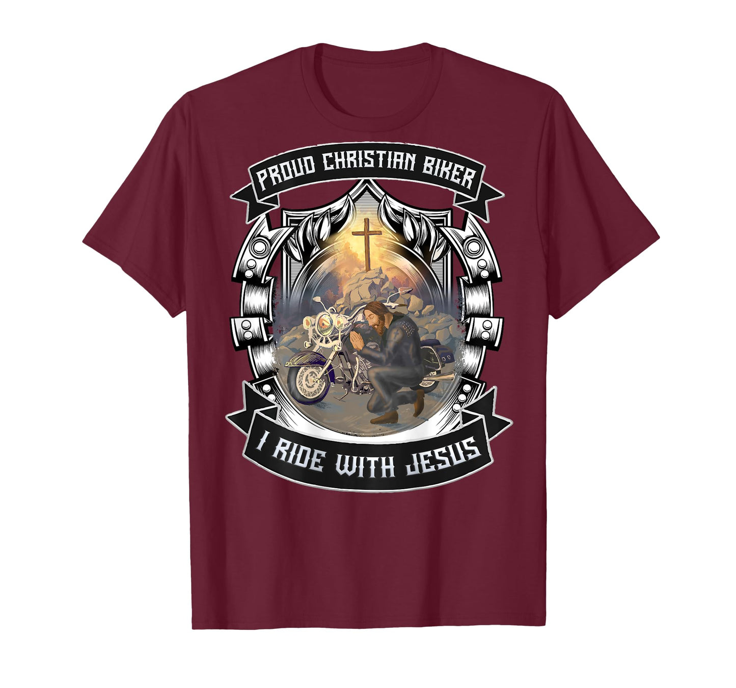 Christian Biker I Ride With Jesus Artwork Motorcycle Prayer T-Shirt