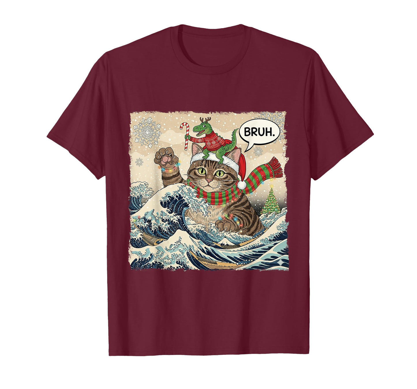 Bruh Funny Catzilla Cat Dinosaur Christmas Wave Japanese Art T-Shirt