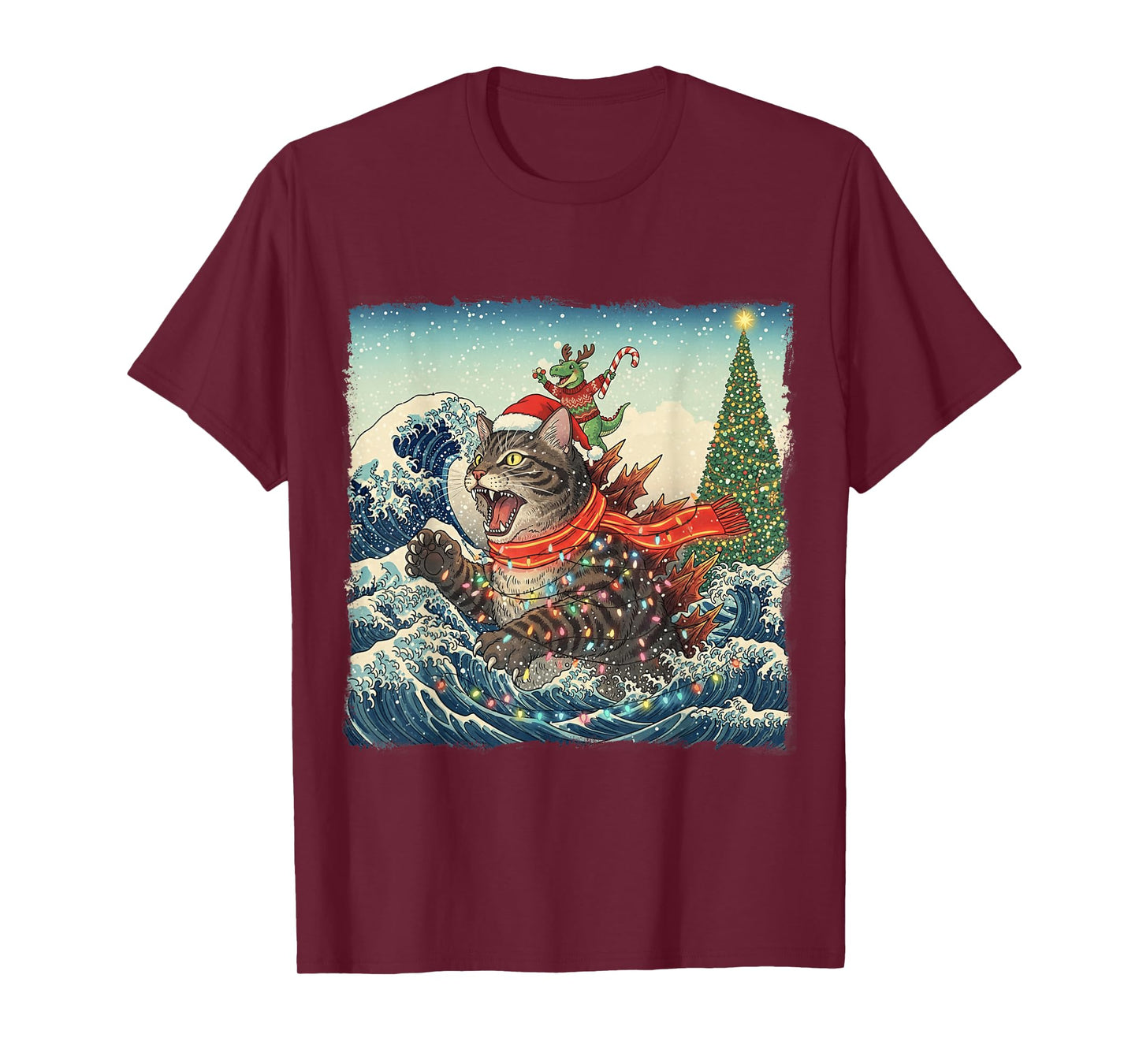 Cat Spooky Catzilla Japanese with Dino T-Rex Christmas Wave T-Shirt