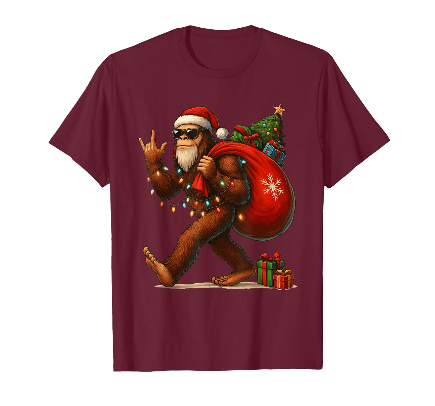 Santa Bigfoot Christmas Tree Lights Funny Sasquatch Believe T-Shirt