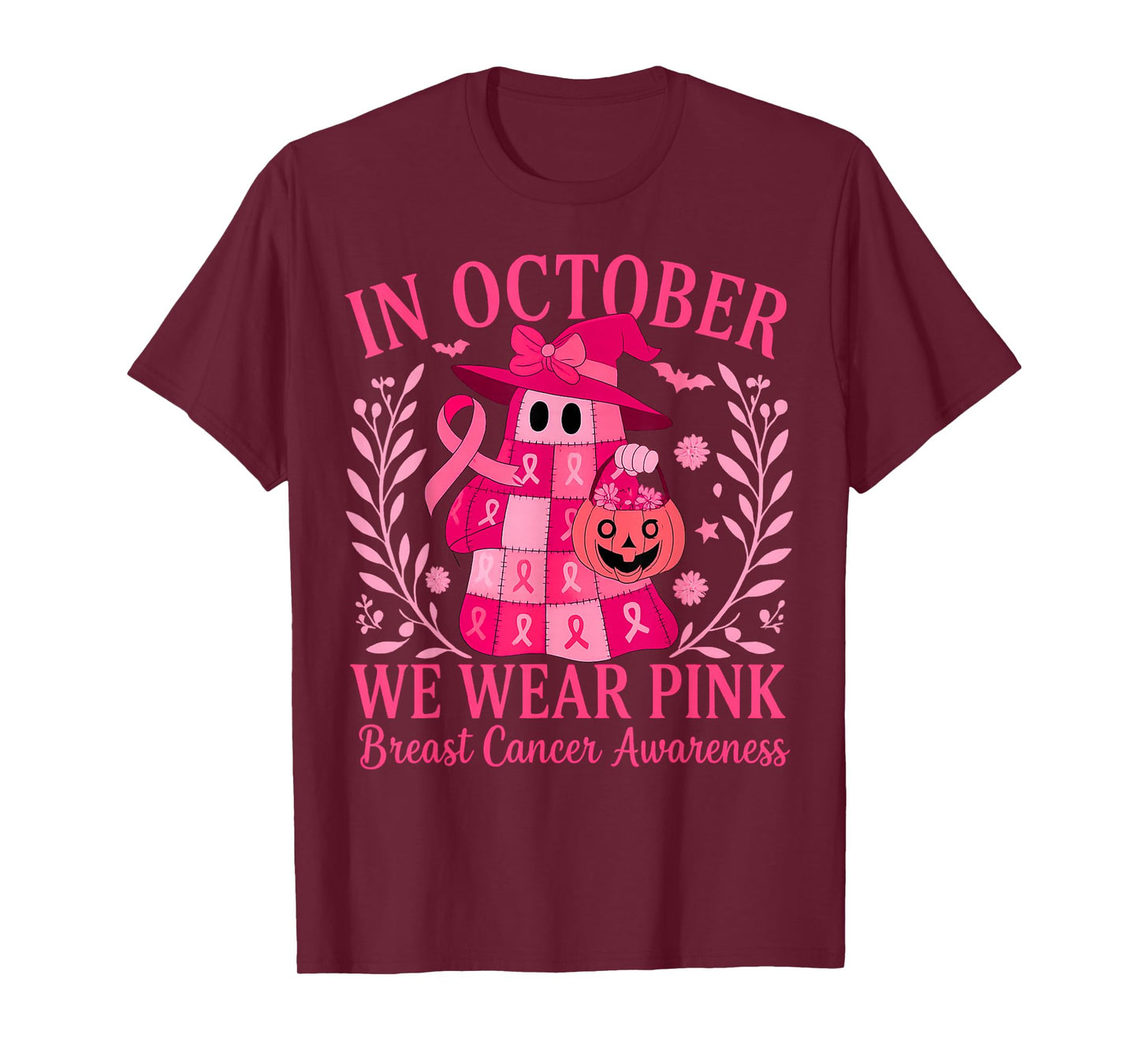 in October We Wear Pink Ghost Witch Breast Cancer Awareness T-Shirt