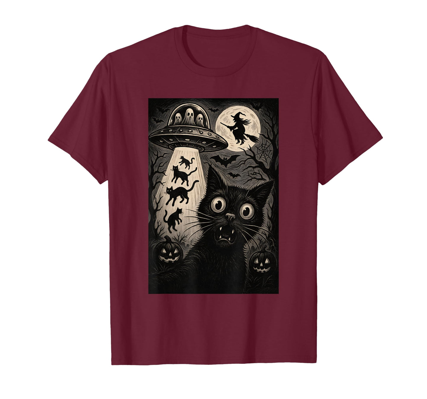 Halloween Cat Selfie Spooky Alien Abduction Cats UFO Flying T-Shirt