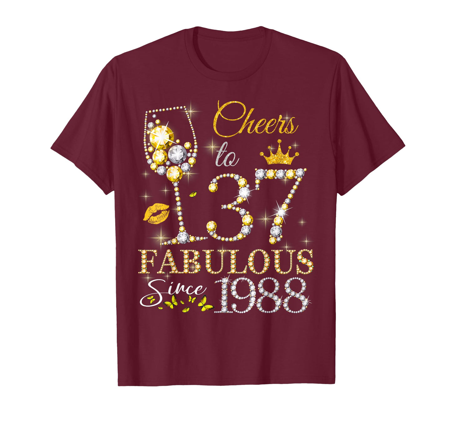 Womens Cheers to 37 Years Old EST 1988 37th Birthday Queen T-Shirt