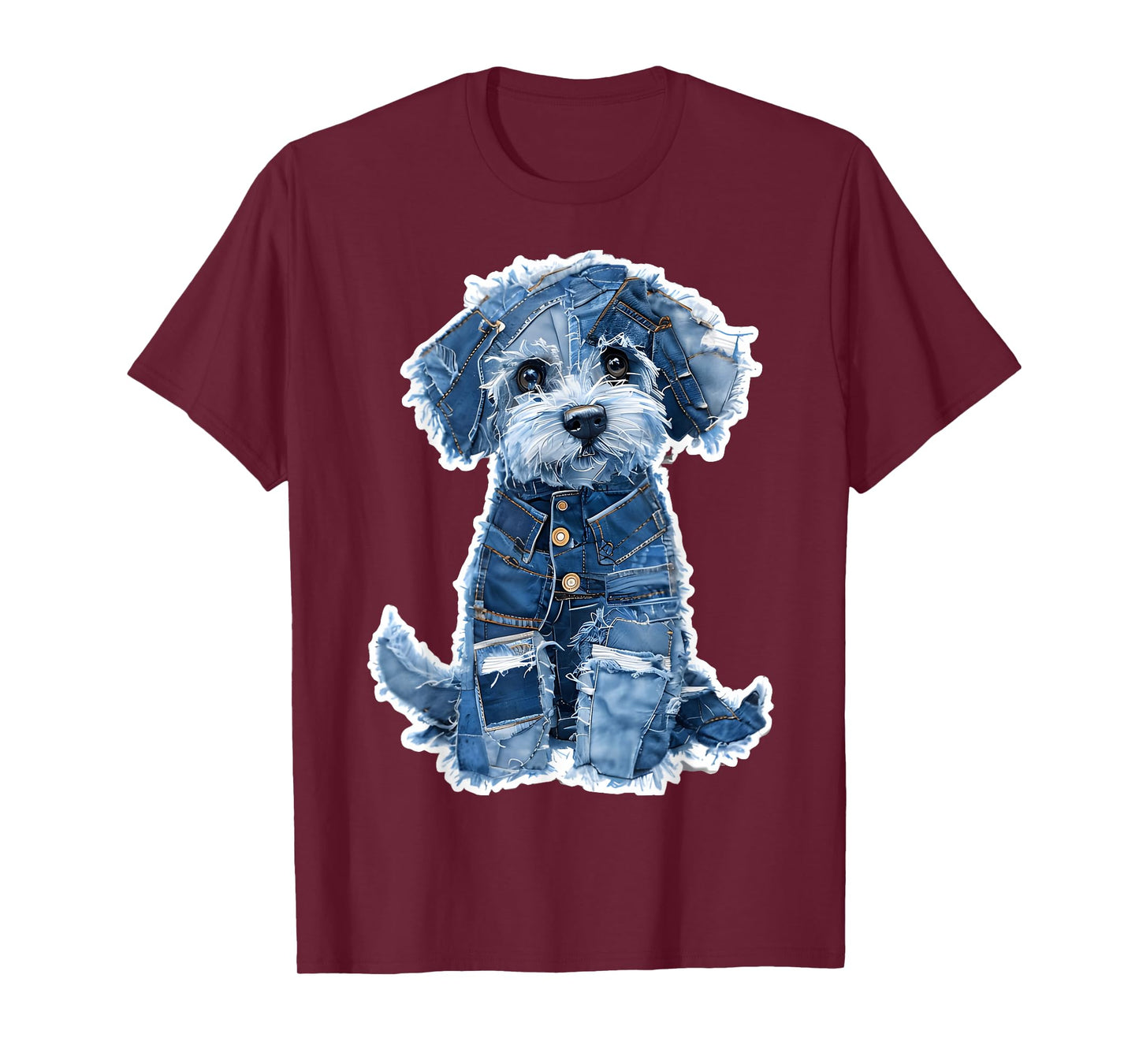 Retro Dog Pattern Denim Patchwork Graphic Art T-Shirt