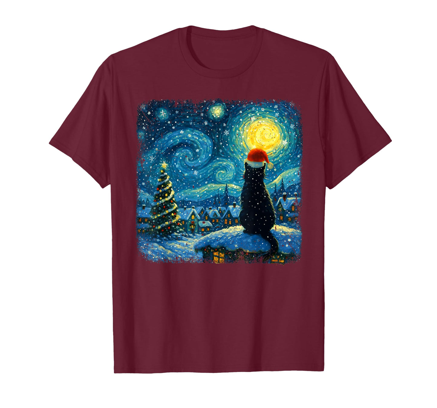 Funny Black Cat Merry Christmas Xmas Van Gogh Pajama Holiday T-Shirt