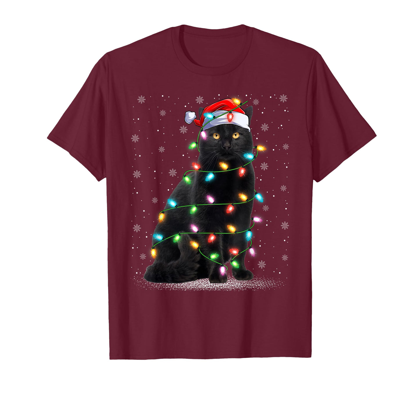 Black Cat Christmas Lights Santa Hat Cat Xmas Pajamas T-Shirt