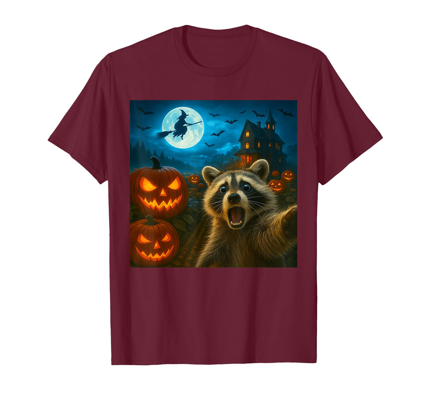 Funny Halloween Raccoon Selfie with Spooky Pumpkin Men Women T-Shirt