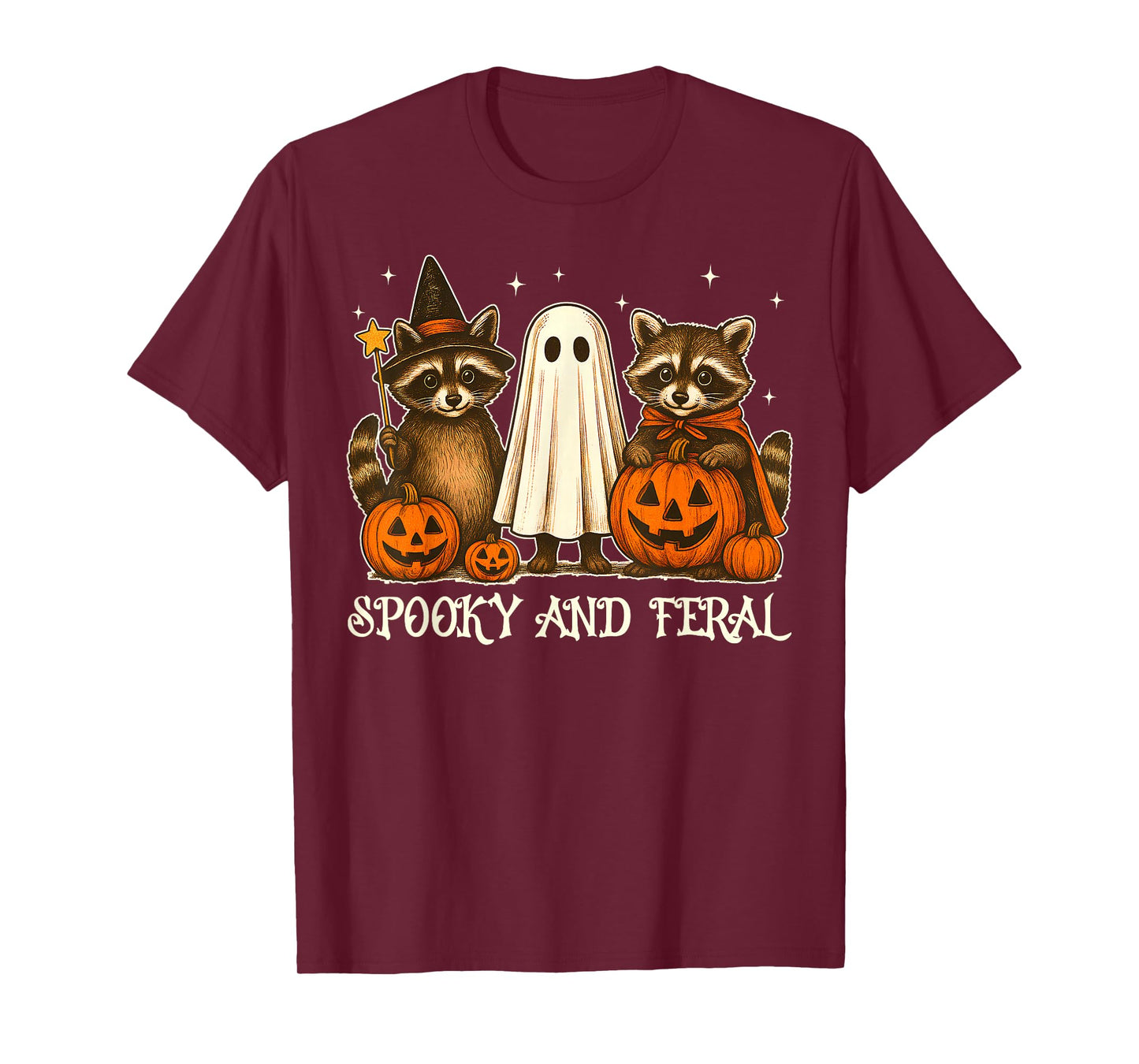 Spooky and Feral Raccoon Ghost Witch Costume Halloween Day T-Shirt