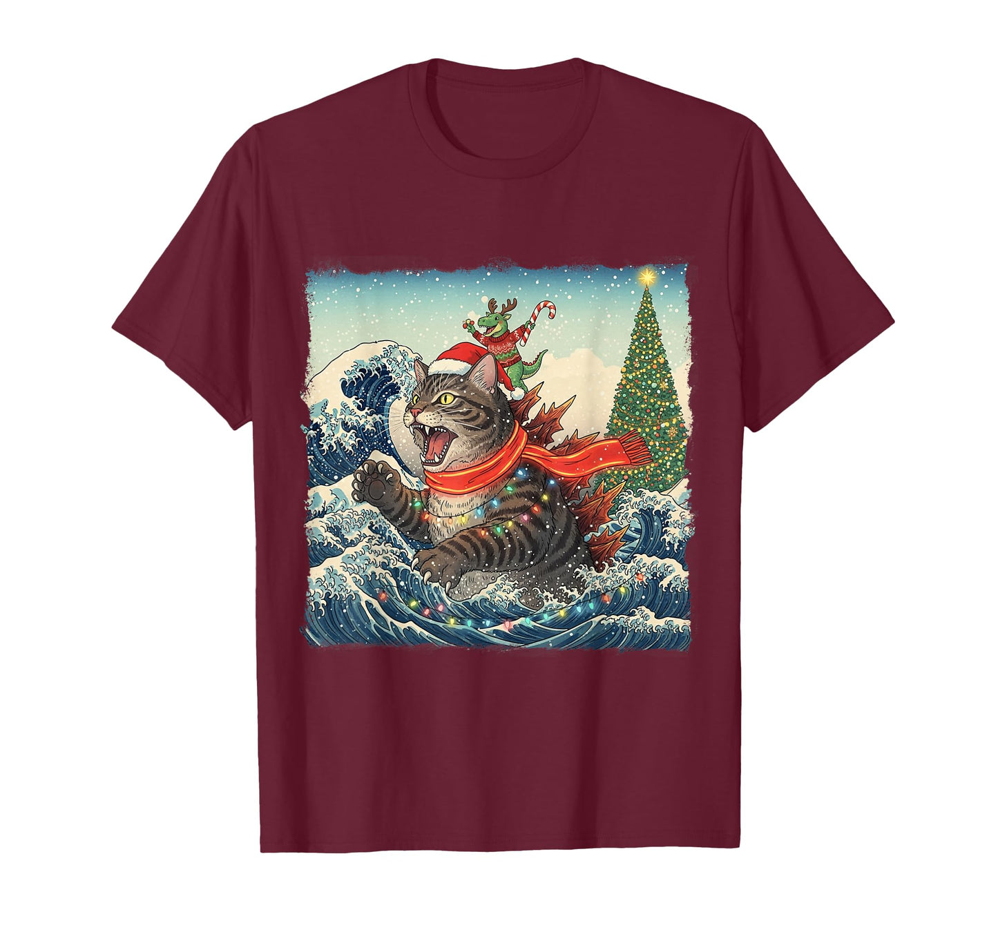 Catzilla Christmas with Cute Dino Cat Funny Holiday Wave T-Shirt