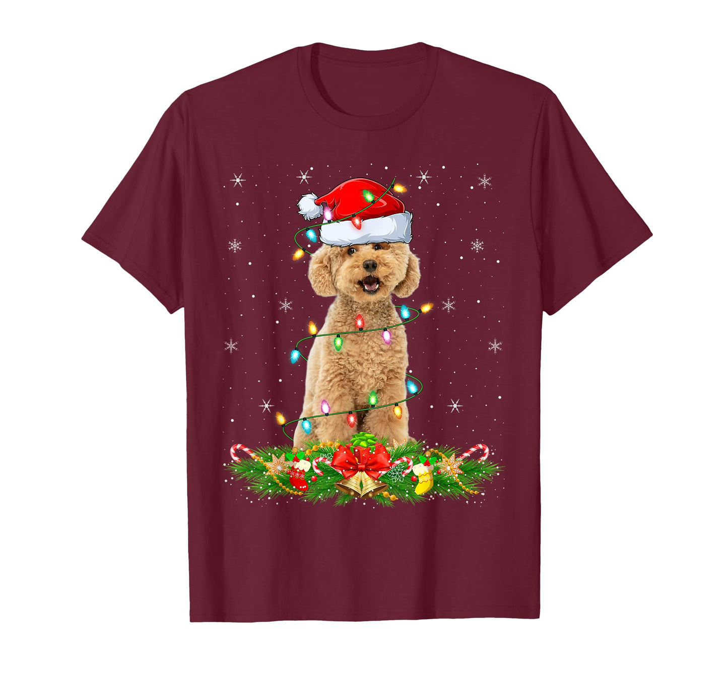 Maltipoo Dog Christmas Lights Funny Santa Hat Xmas T-Shirt
