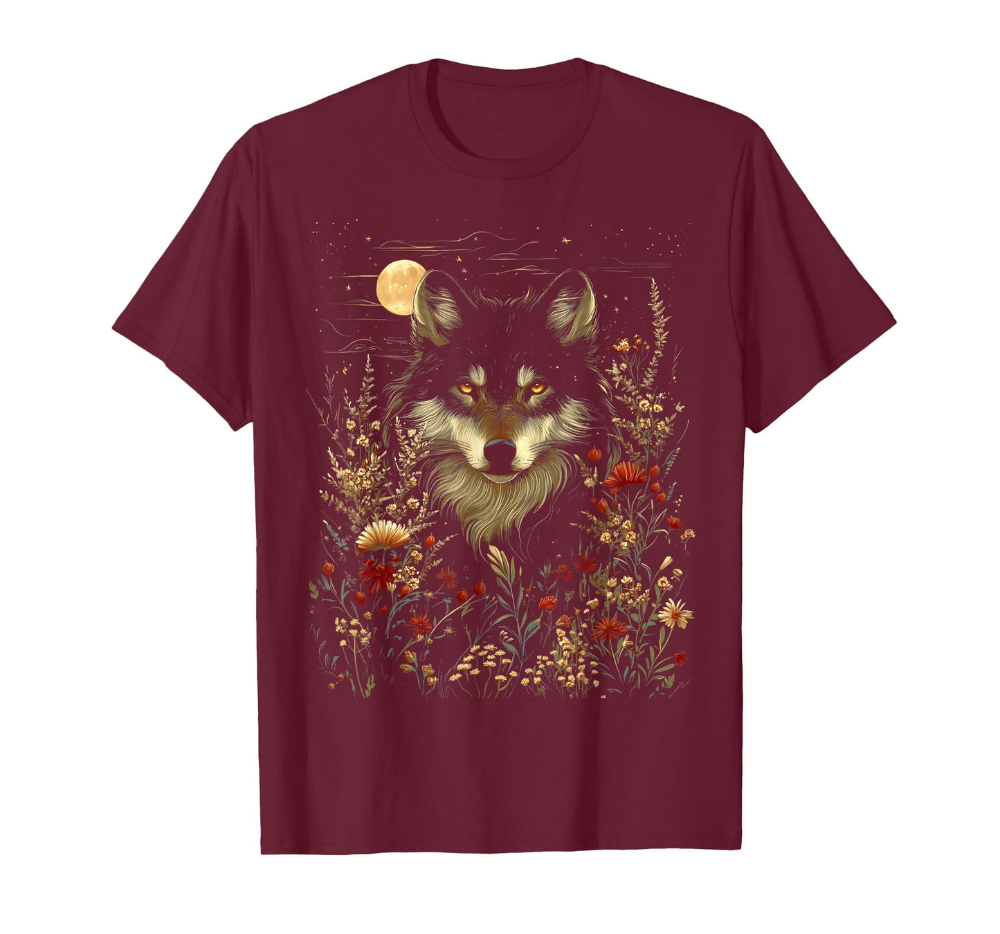 Black Wolf Full Moon Boho Floral Mystical Graphic Women T-Shirt