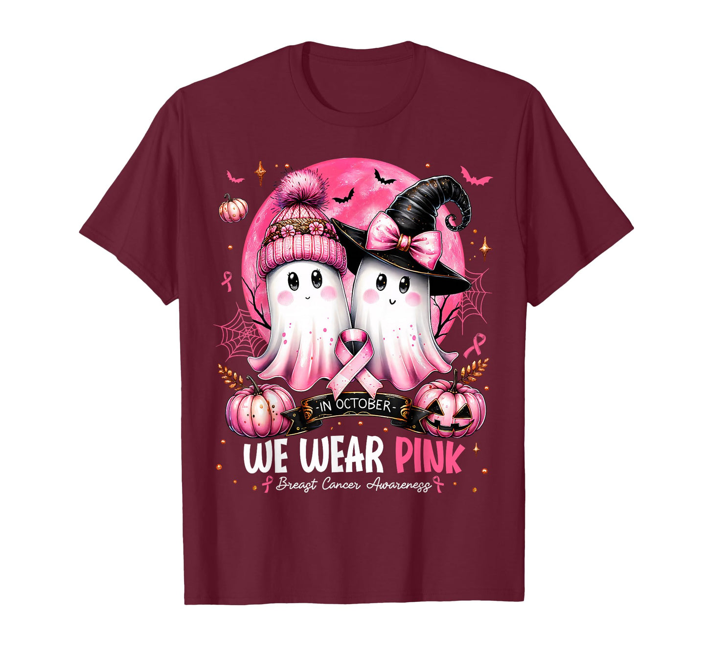 in October We Wear Pink Ghost Witch Breast Cancer Awareness T-Shirt