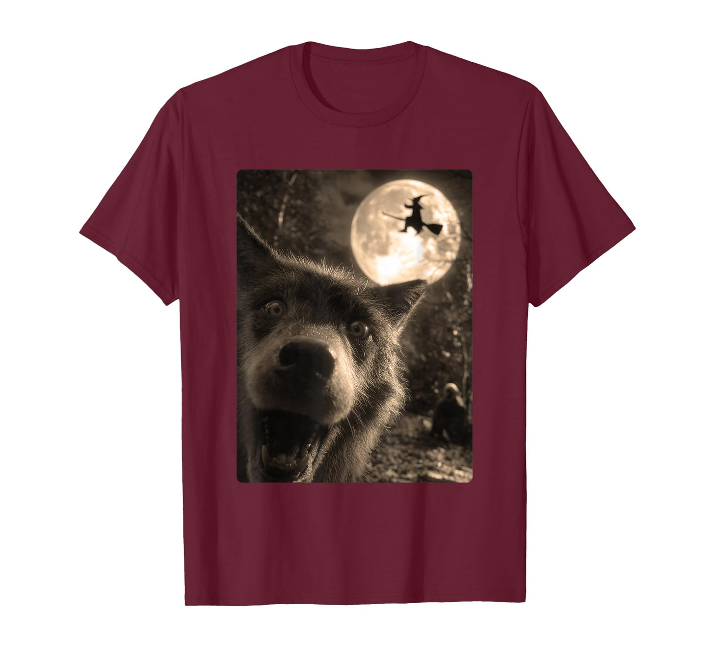 Funny Wolf Selfie Full Moon Flying Witch Forest Halloween T-Shirt