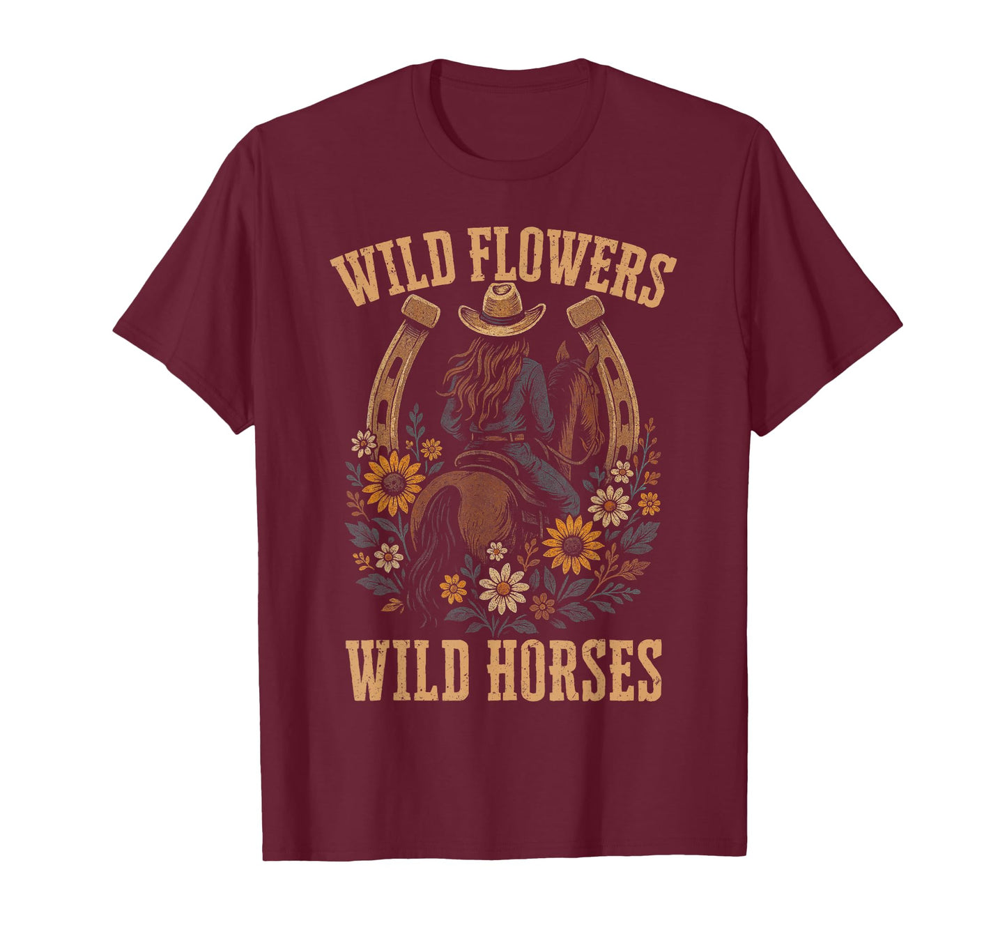 Retro Southern Sunset Wild Cowgirl Flowers - Wild Horses T-Shirt