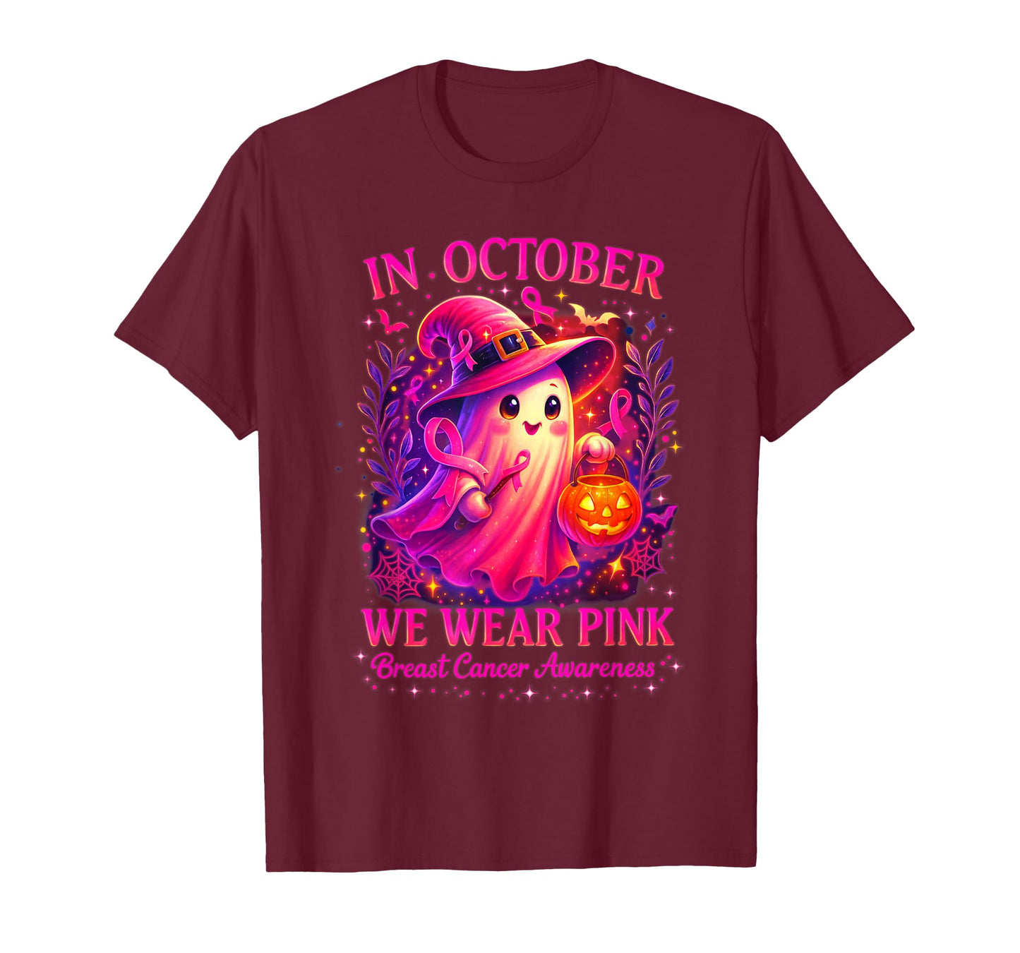 in October We Wear Pink Ghost Witch Breast Cancer Awareness T-Shirt