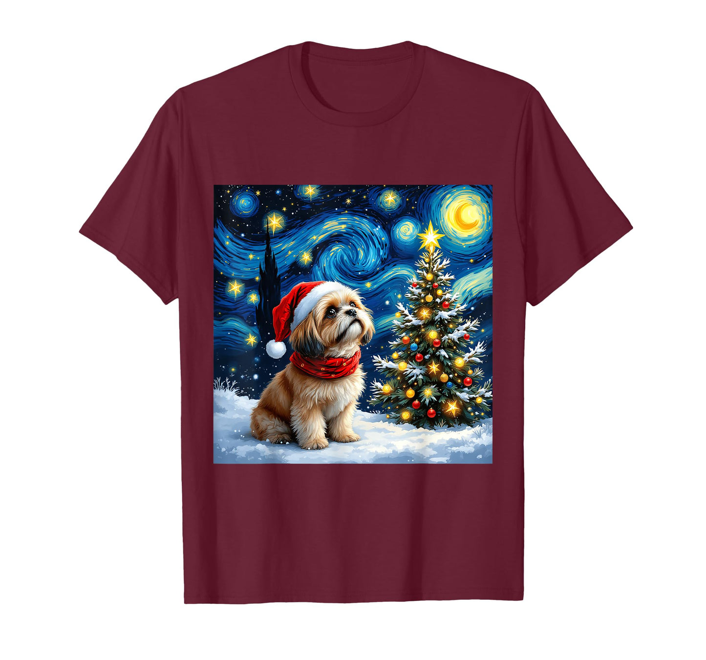 Shih Tzu Starry Night Christmas Van Gogh Dog Santa Hat T-Shirt