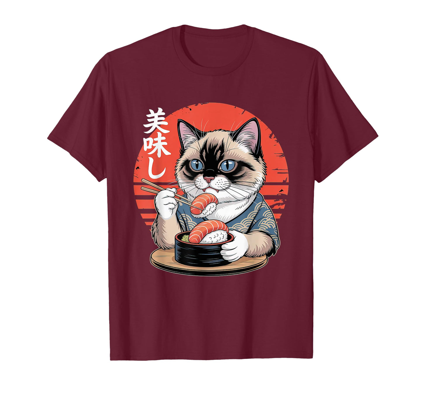 Japanese Siamese Cat Eating Sushi Kawaii Anime Cat T-Shirt