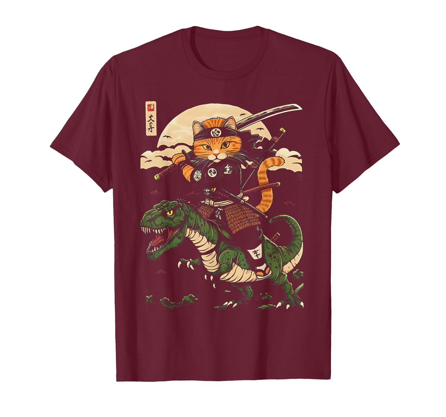 Samurai Cat Riding Dinosaur Vintage Warrior Japanese Art Tee T-Shirt for Men Women