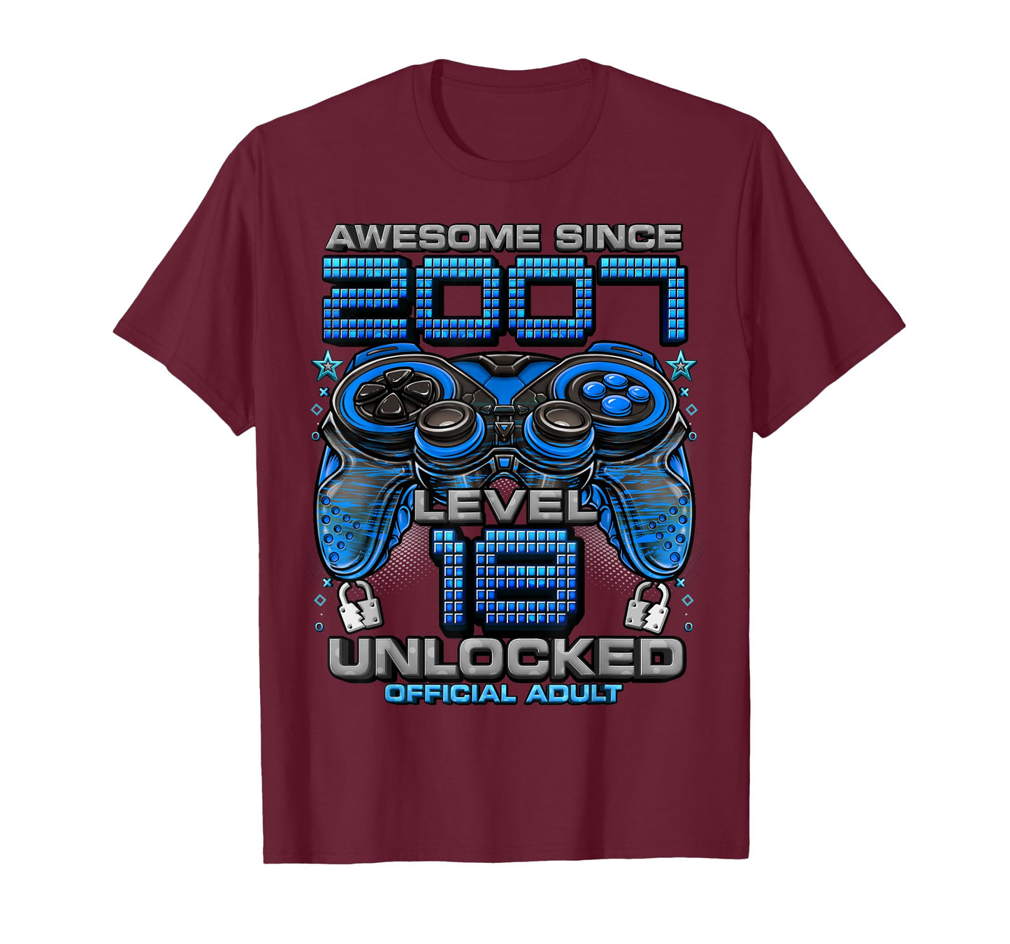 Level 18 Unlocked Awesome Since 2007 18th Birthday Gaming T-Shirt
