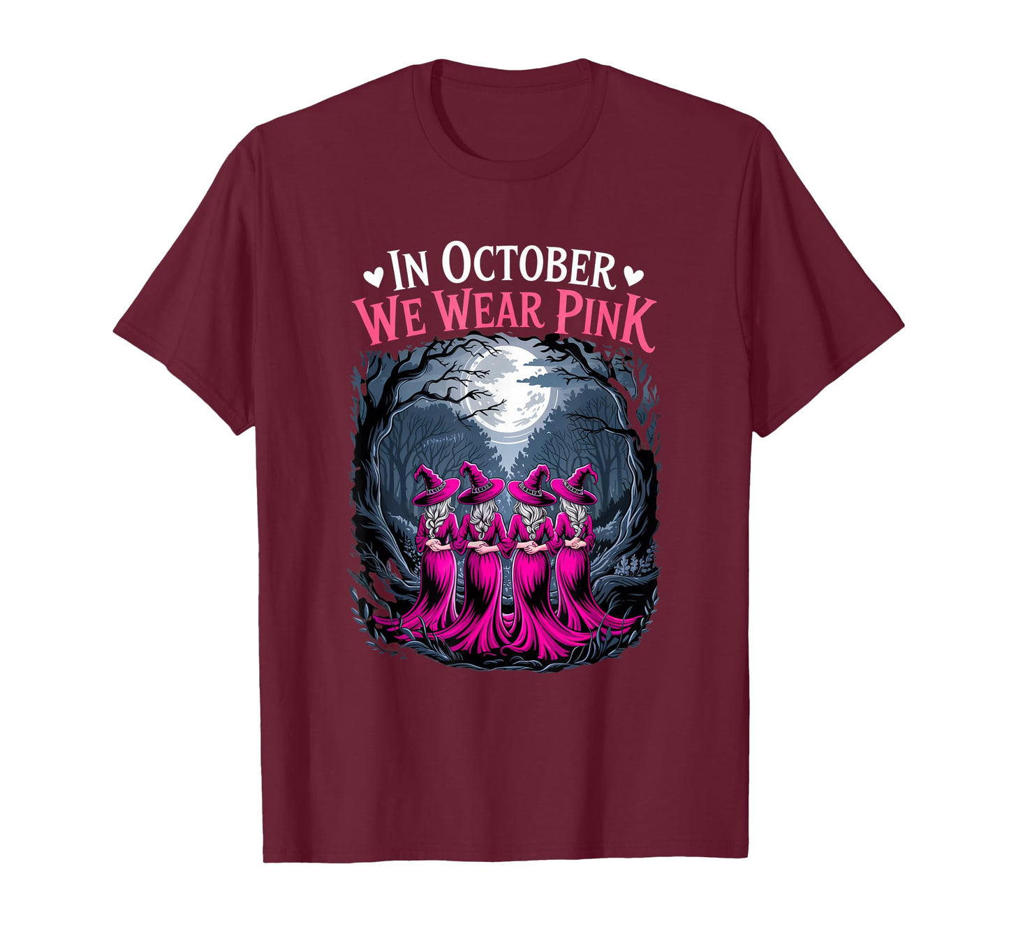 in October We Wear Pink Retro Witch Breast Cancer Awareness T-Shirt