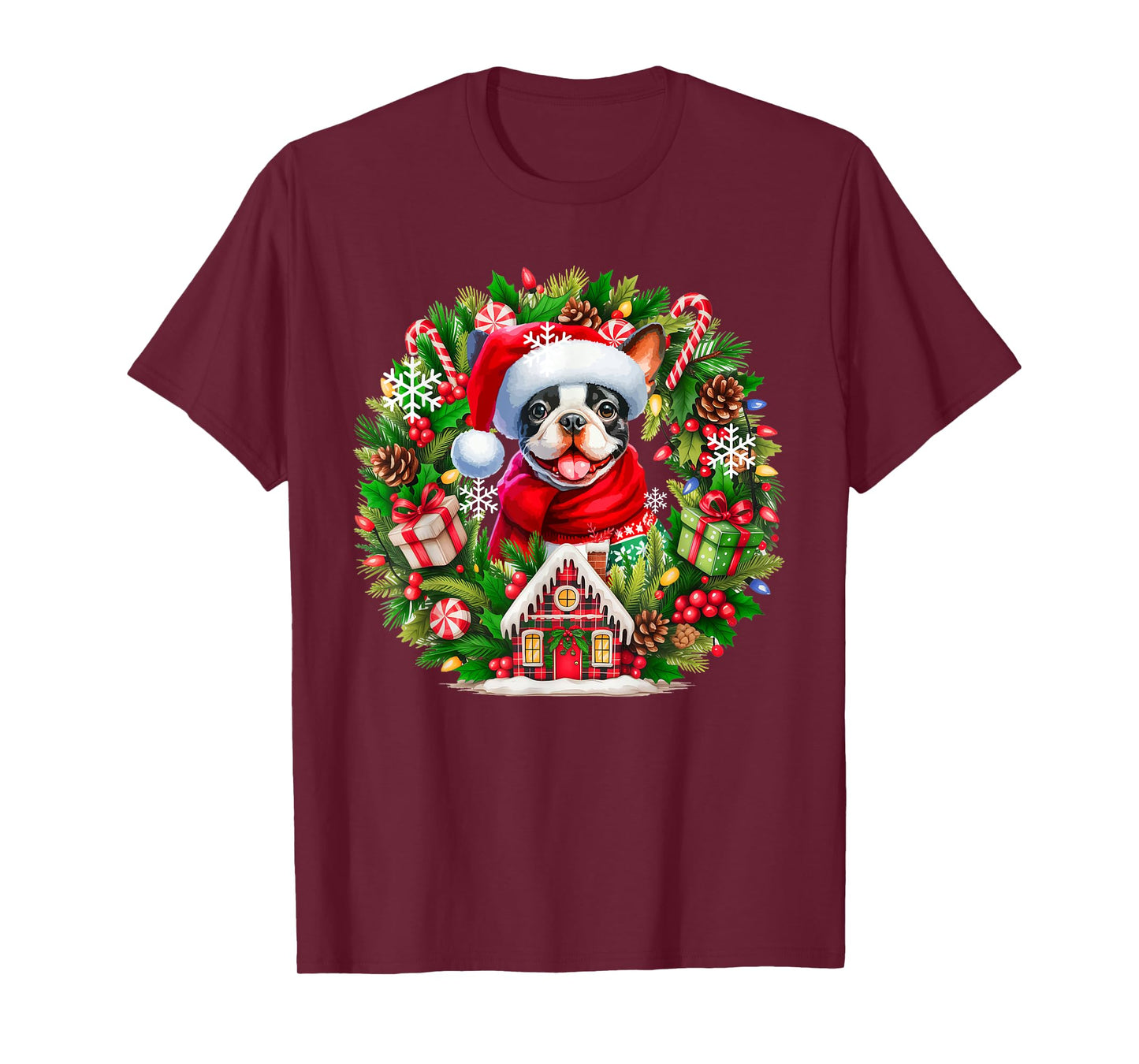 Santa Boston Terrier Christmas Floral Circle Owner Kids T-Shirt